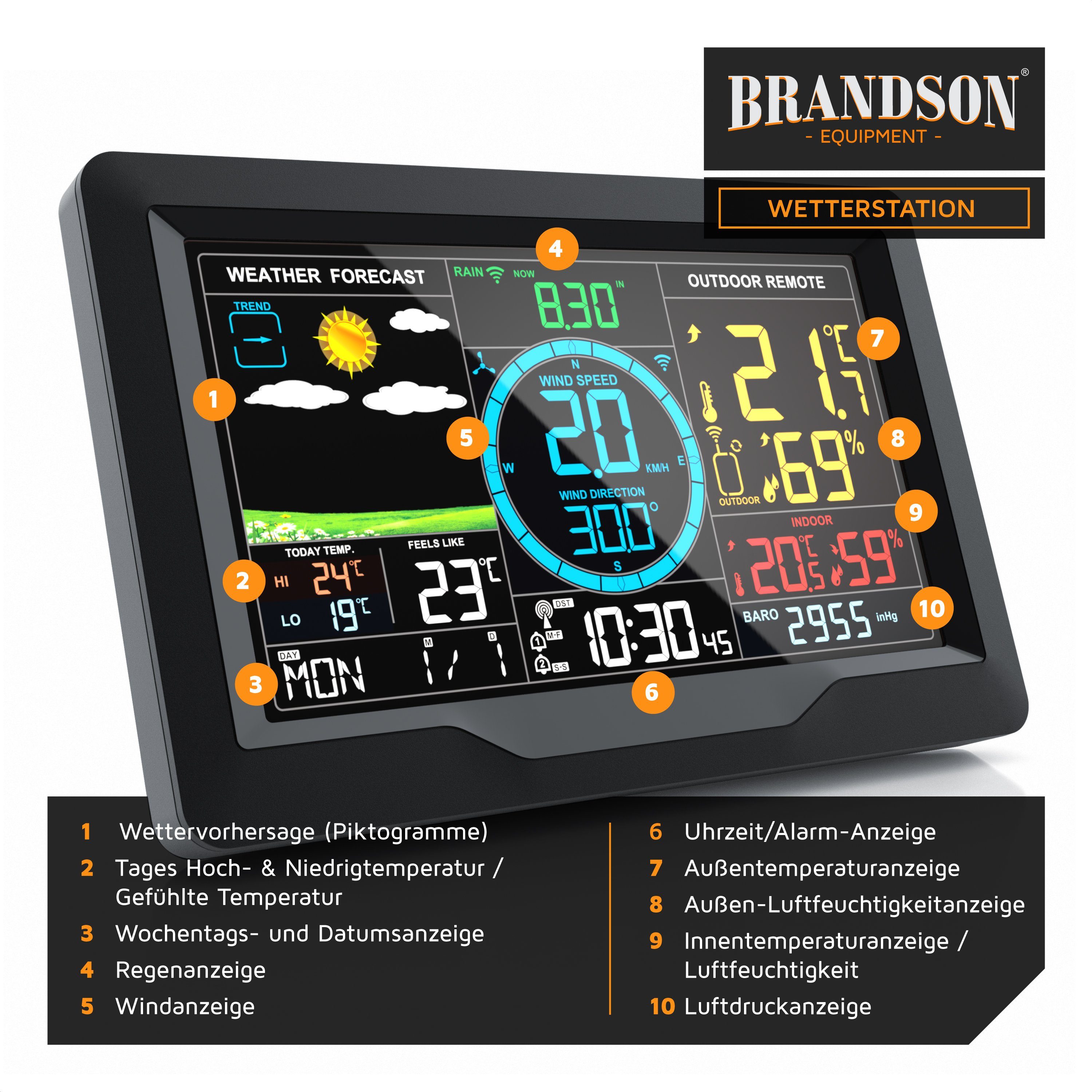 Brandson Wetterstation Funk mit 5 in 1 Außensensor, Farbdisplay, DCF Außenwetterstation (mit Außensensor, Netzteil, Bedienungsanleitung, Thermometer, Hygrometer – Bild 2 von 5