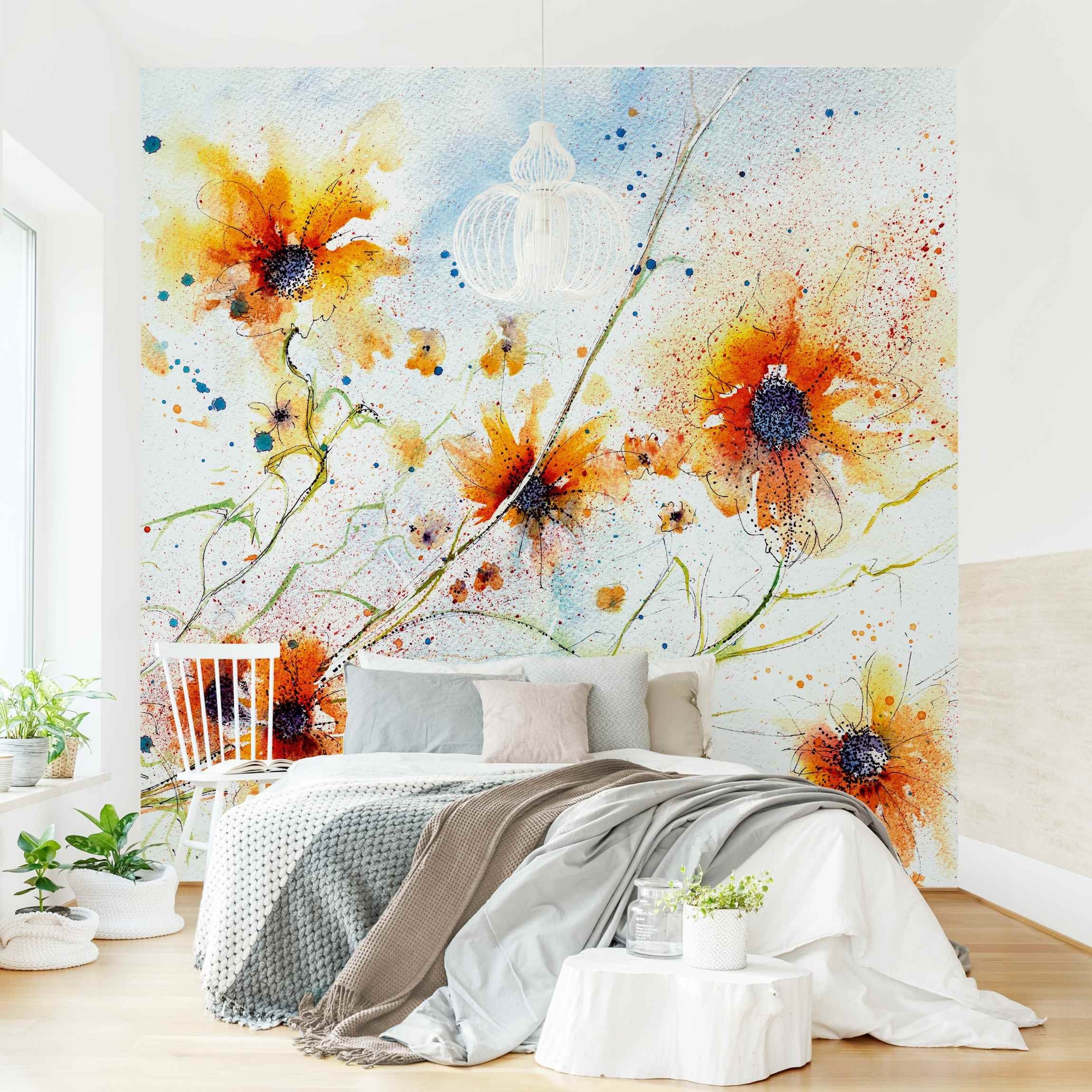 Bilderdepot24 Fototapete Sonnenblumen Painted Flowers Floral Blumen Natur Wanddeko Gelb, Glatt, Matt, (Vliestapete inkl. Kleister oder selbstklebend), Wohnzimmer Schlafzimmer Küche Flur Motivtapete Vliestapete Wandtapete