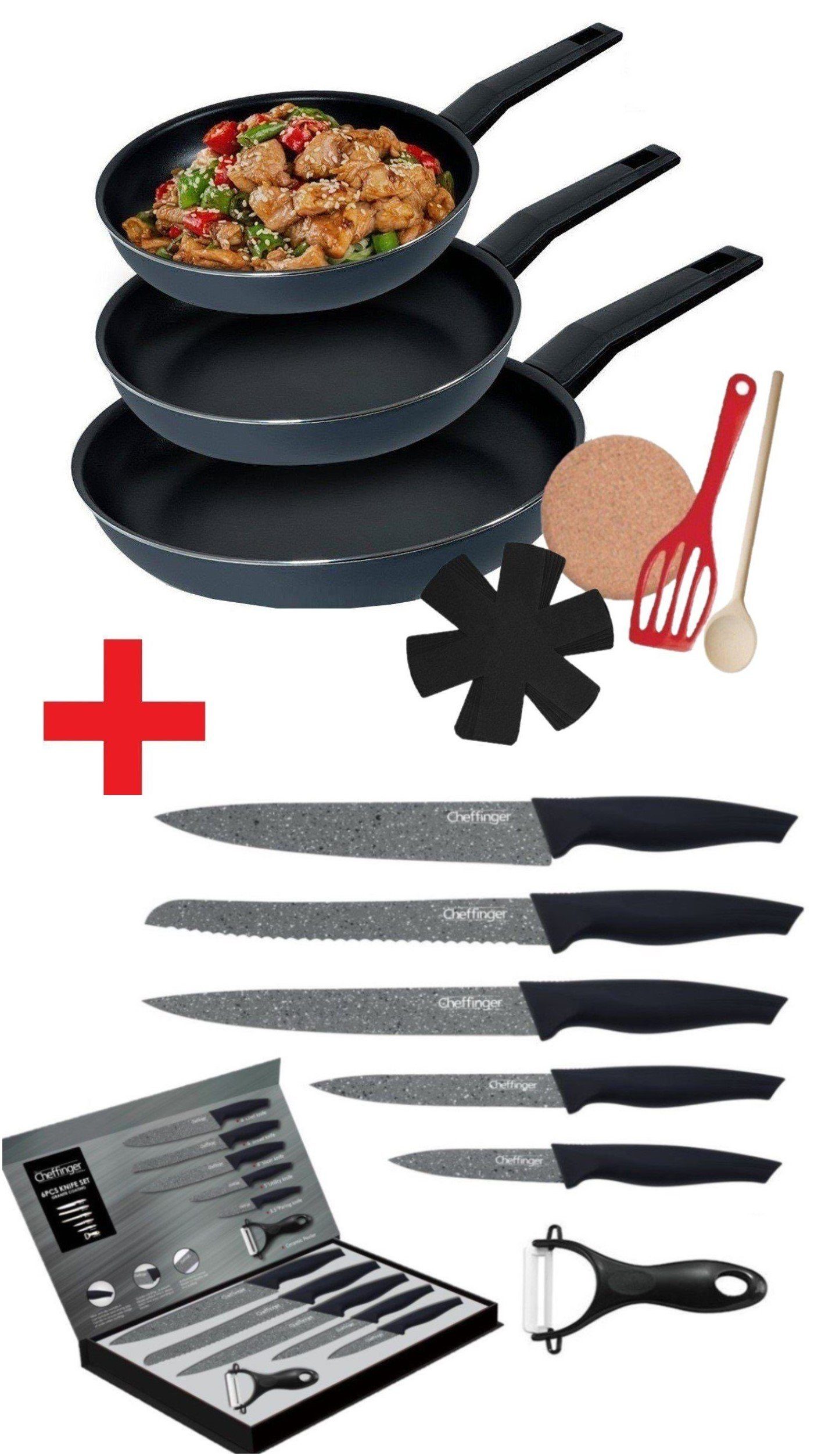 KESSMANN Pfannen-Set Induktion Bratpfannen 9tlg + Küchen Messerset 6tlg -KOMPLETT SET-, Aluminium (Set, 15-tlg., Inkl 1 Pfannenwender + 1 Untersetzer + 1 Löffel + 3 Einlagen Antihaft), Küchen Messer Set Messerblock Pfanne Pfannenset Knife Induktionsherd | Pfannensets
