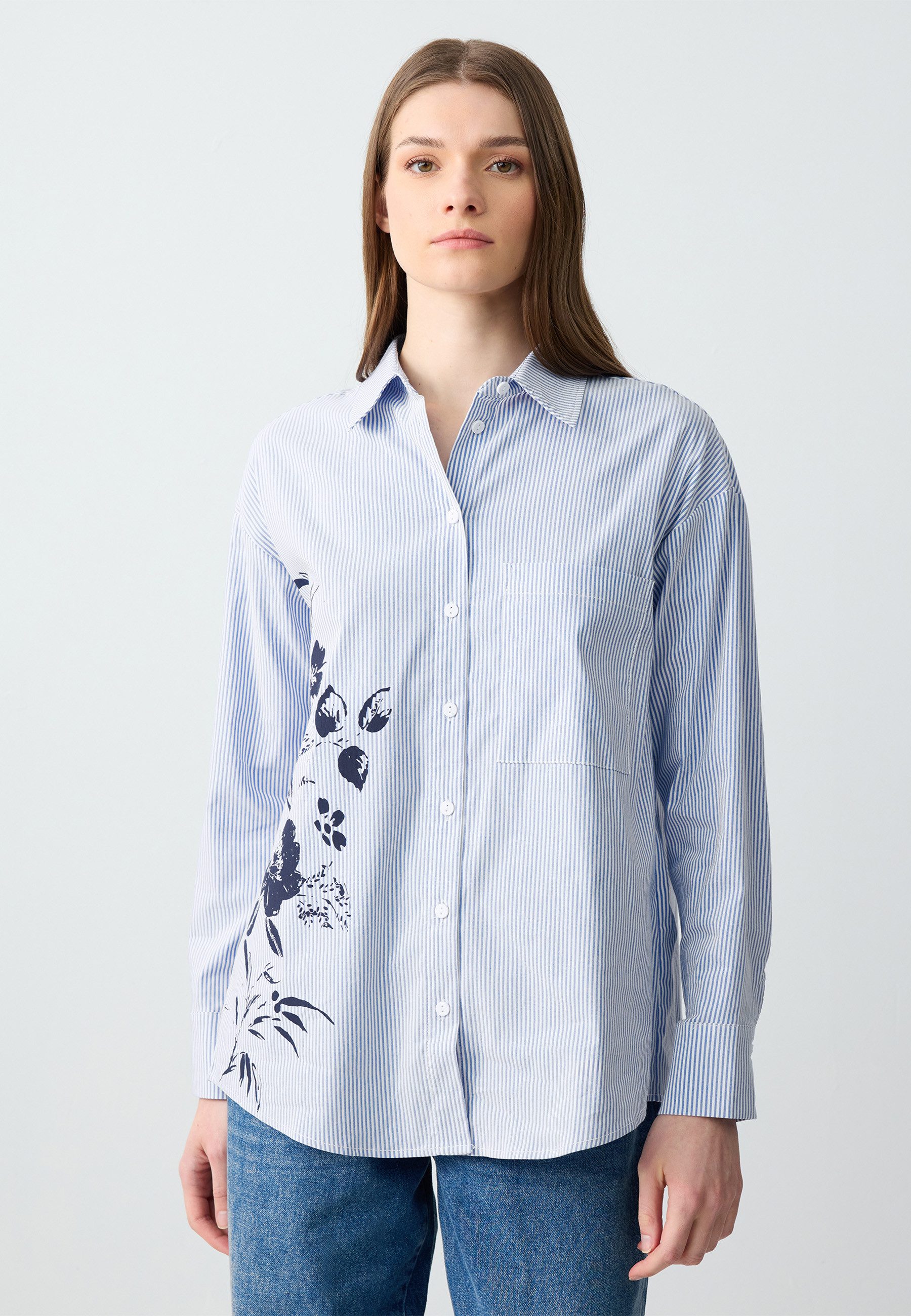 Shirtbluse Regular Fit Overhemdkraag Geweven Blauw Overhemd