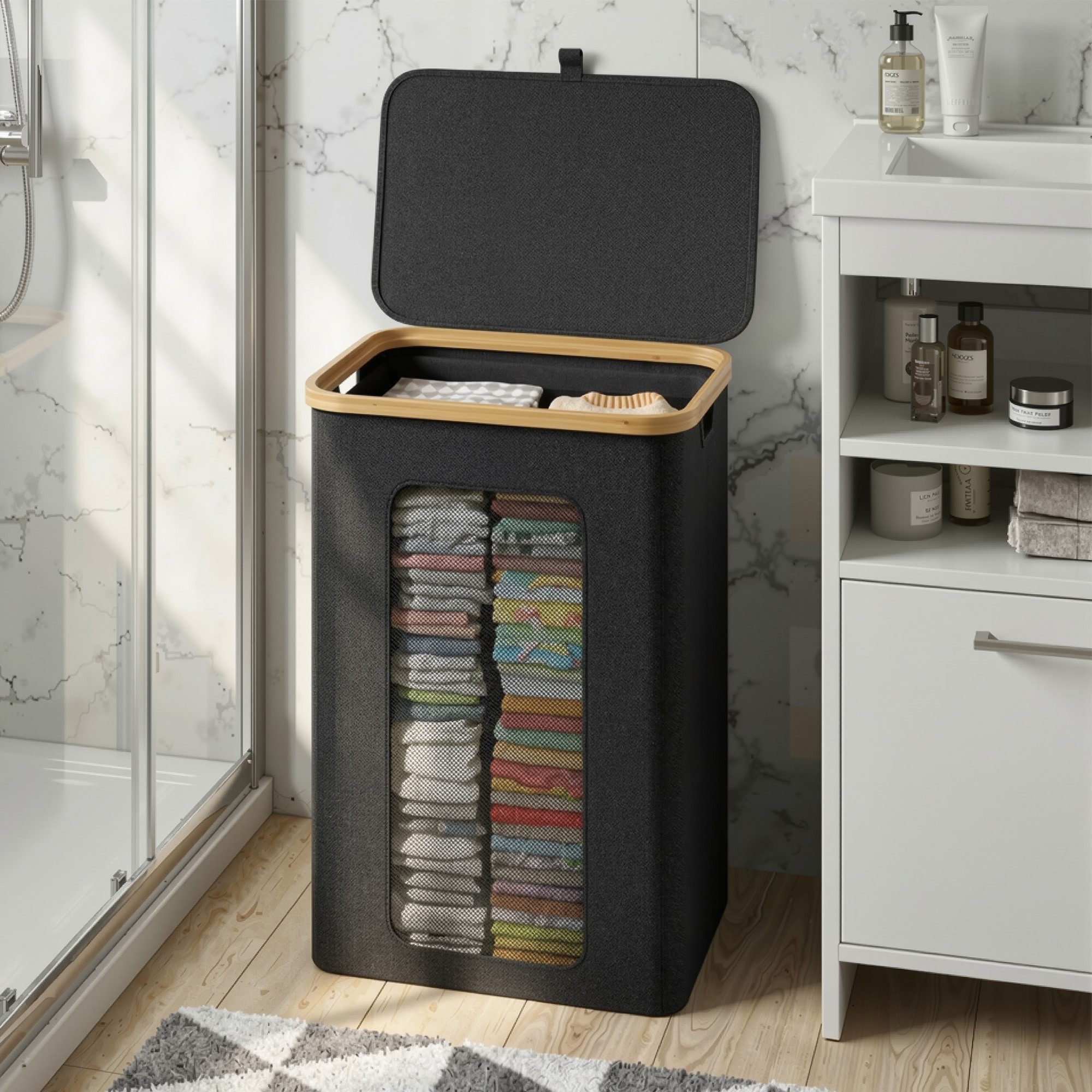 Klyvvo Wäschekorb mit Deckel, aus Bambusrahmen & 600D wasserdichtem Oxford Stoff (1 St), mit herausnehmbarer Innentasche für Schlafzimmer und Badezimmer