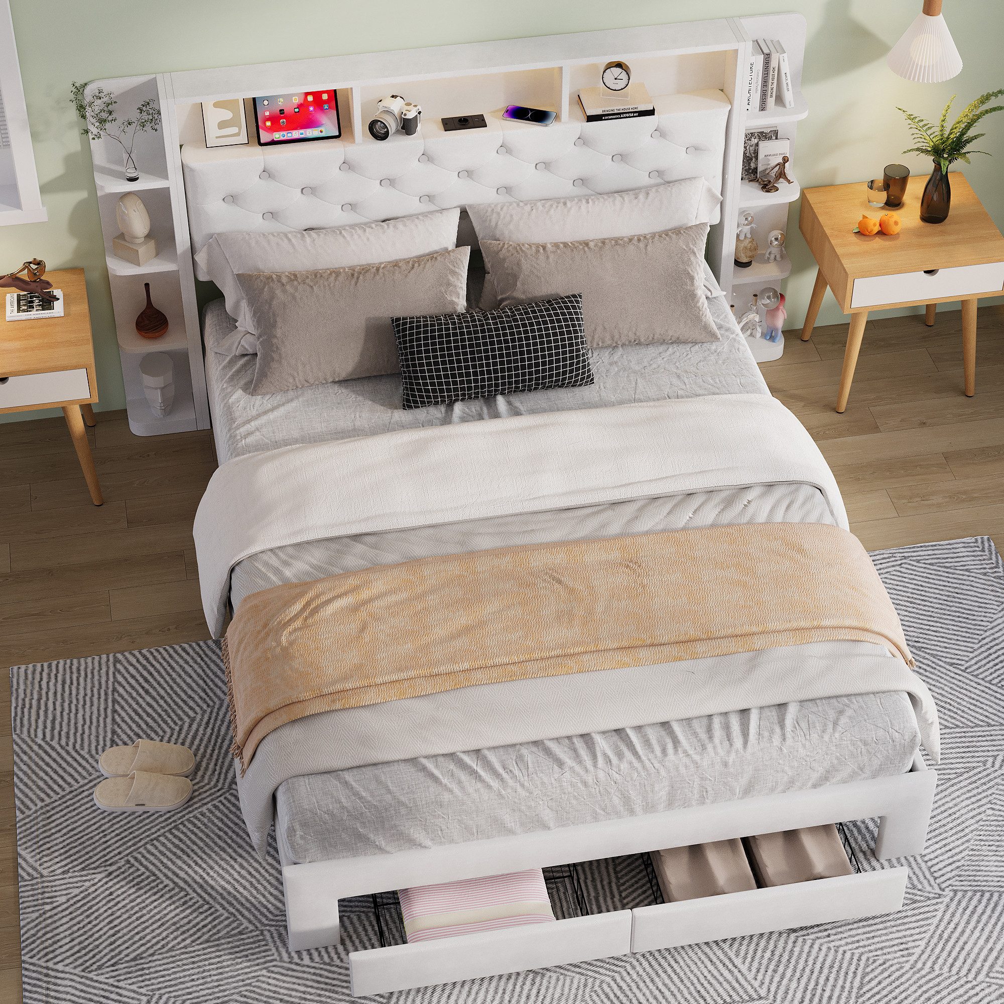 ADWOLT Polsterbett Doppelbett Stauraumbett mit LED-Licht (Bettgestell, 1-tlg., Mit Kopfteil und Lattenrost), 140x200 cm,Kopfteil mit Ablagefach,2 Schubladen,USB – Bild 3 von 5