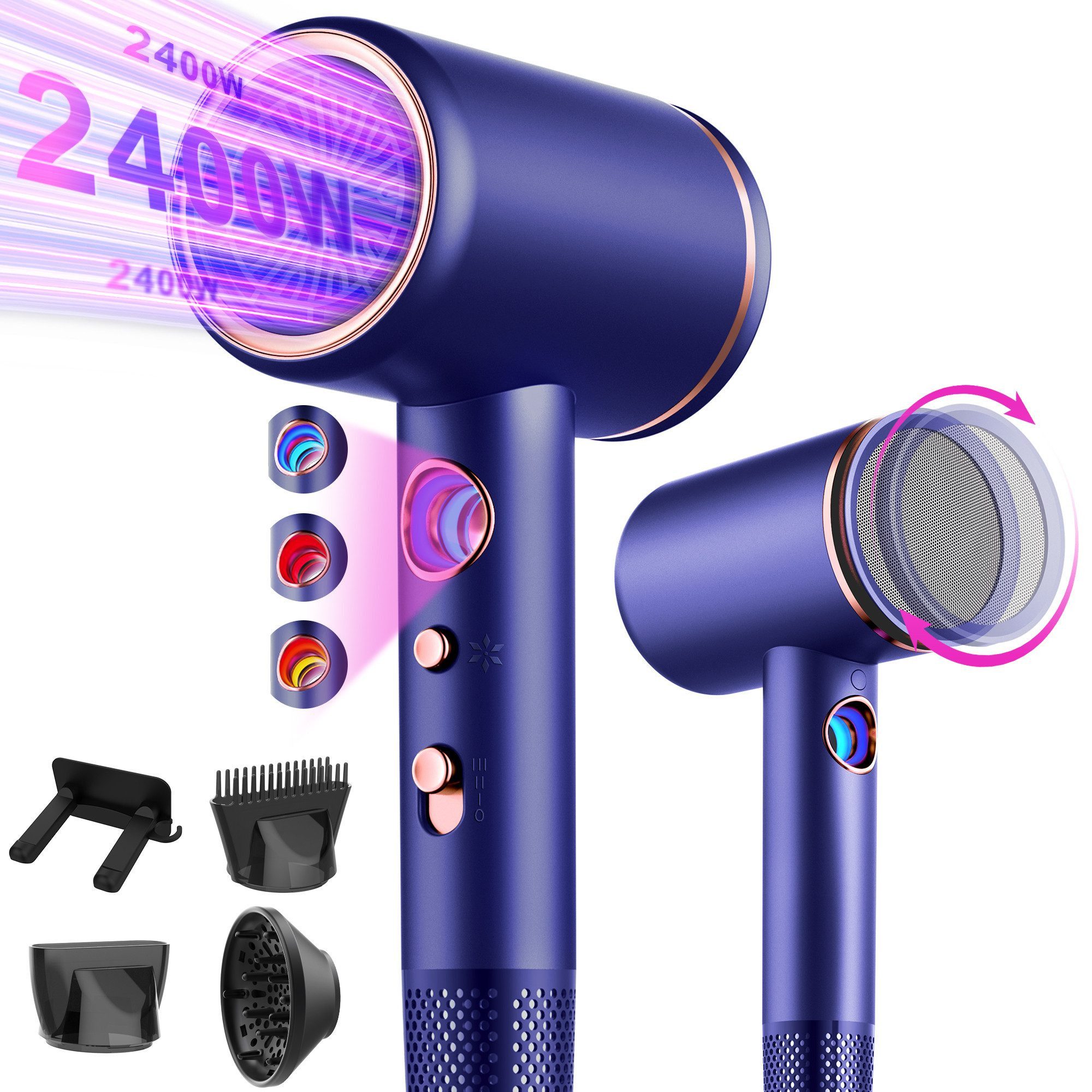 Forrlite Haartrockner 2026 Neues Haartrockner,Föhn Ionen mit Diffusor 2400W AC Motor, 2400 W, 3 Stylingdüsen Professional Ionen Haartrockner Haartrockner, Haartrockner 2400W, Professioneller Haarföhn mit 3 Hitze-Einstellungen
