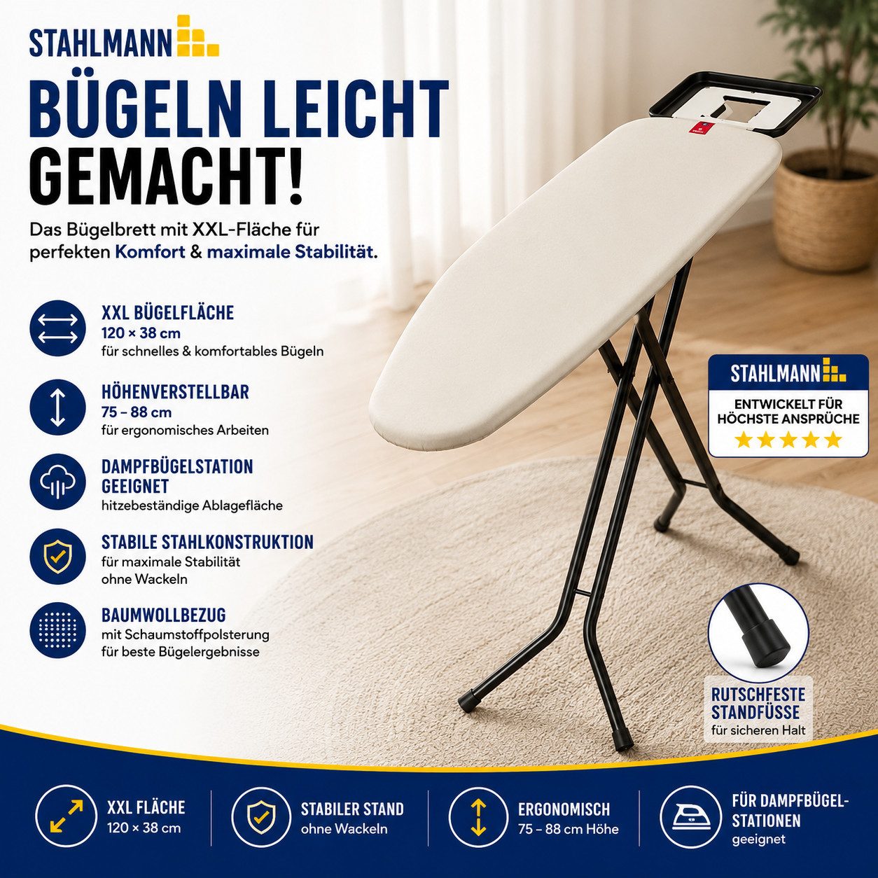 STAHLMANN COMMERCE GmbH Bügelbrett für Dampfbügelstation 120 × 38 cm, höhenverstellbar, Turbobezug, Bügelfläche 30x120 cm, TestCheck 1,1 SEHR GUT, Turbobezug & Ablage für Dampfbügelstation