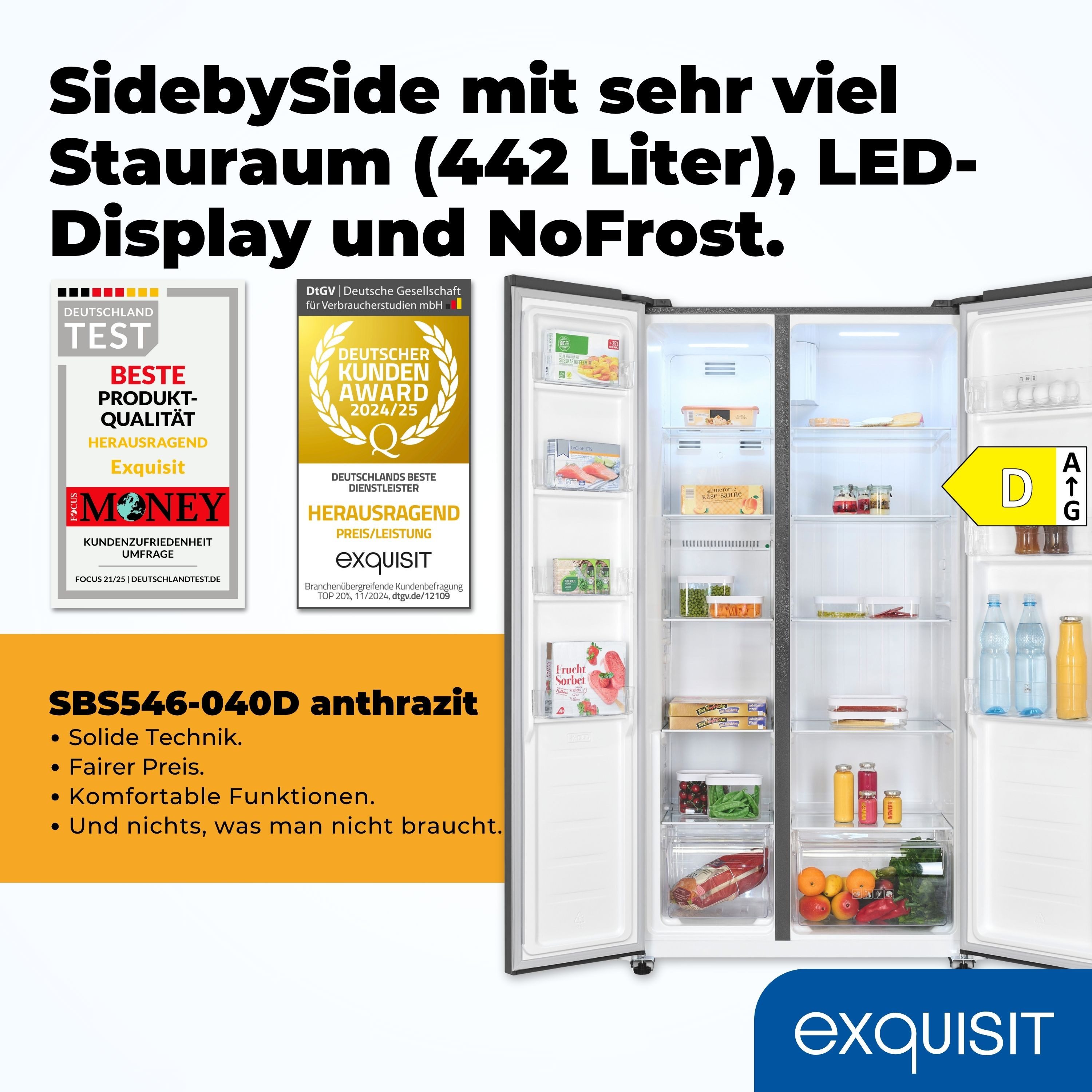 exquisit Side-by-Side SBS546-040D, 177 cm hoch, 91 cm breit, No Frost, Temperaturanzeige, Temperaturregelung, Innenbeleuchtung