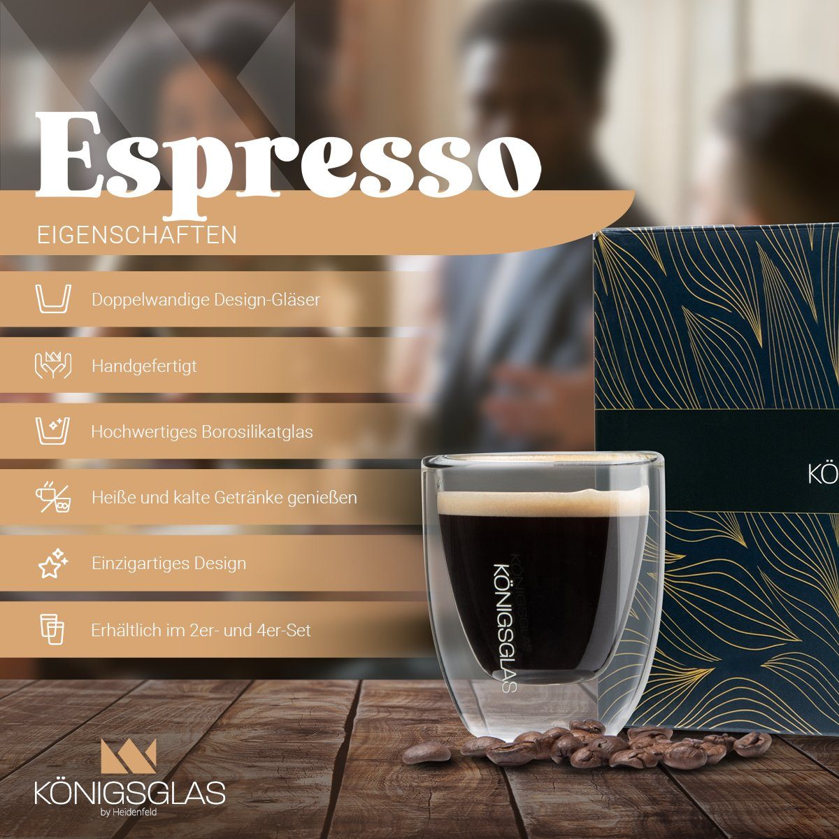 Königsglas Espressoglas Espresso Glas Set 80 ml doppelwandige Espressotassen, 2-tlg., Thermogläser, handgefertigte Kaffee Gläser 2/4er Set Cappuccino Latte Macchiato