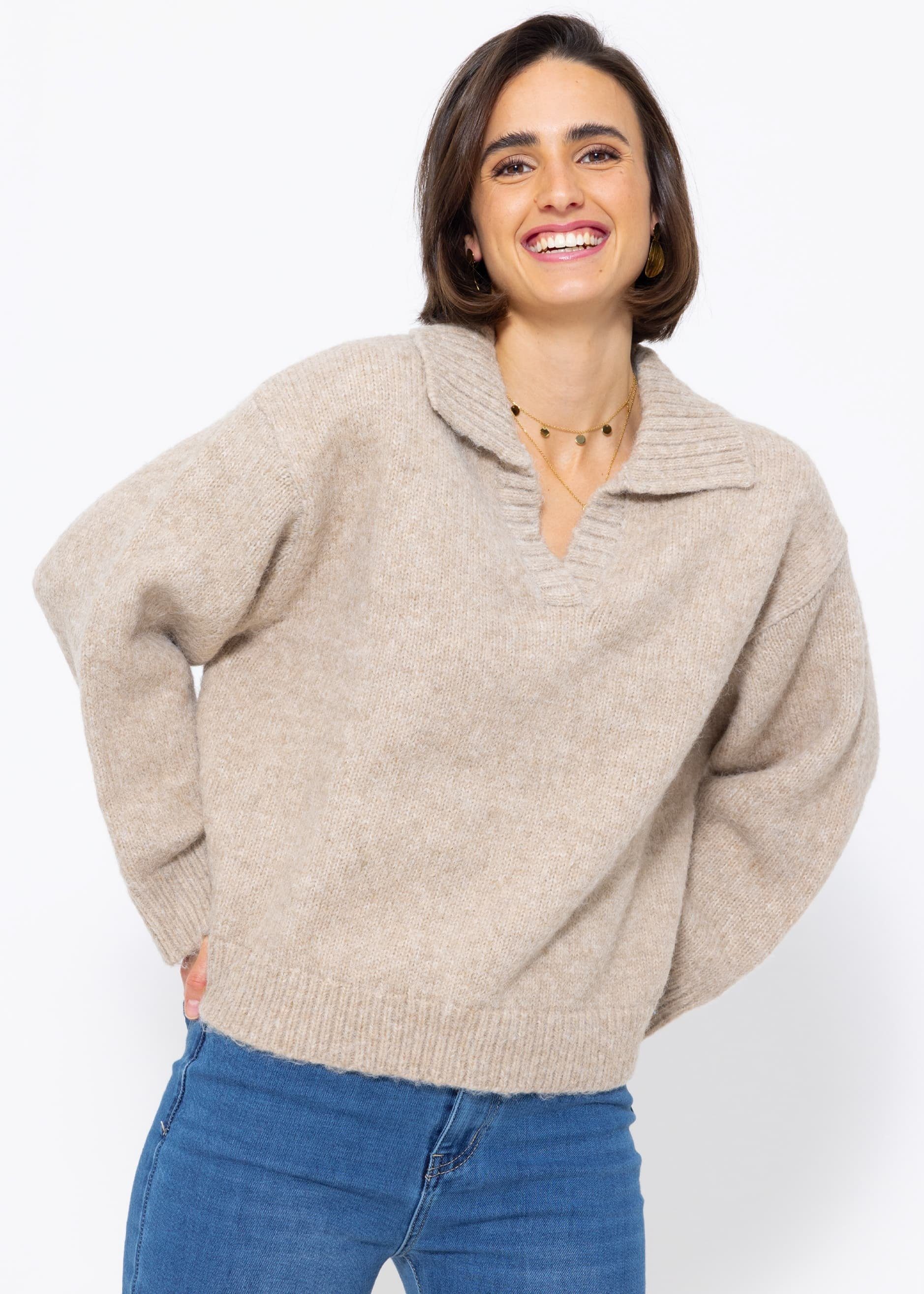 SASSYCLASSY Strickpullover Oversize Pullover mit Kragen und V-Ausschnitt Lässiger Pullover mit Kragen