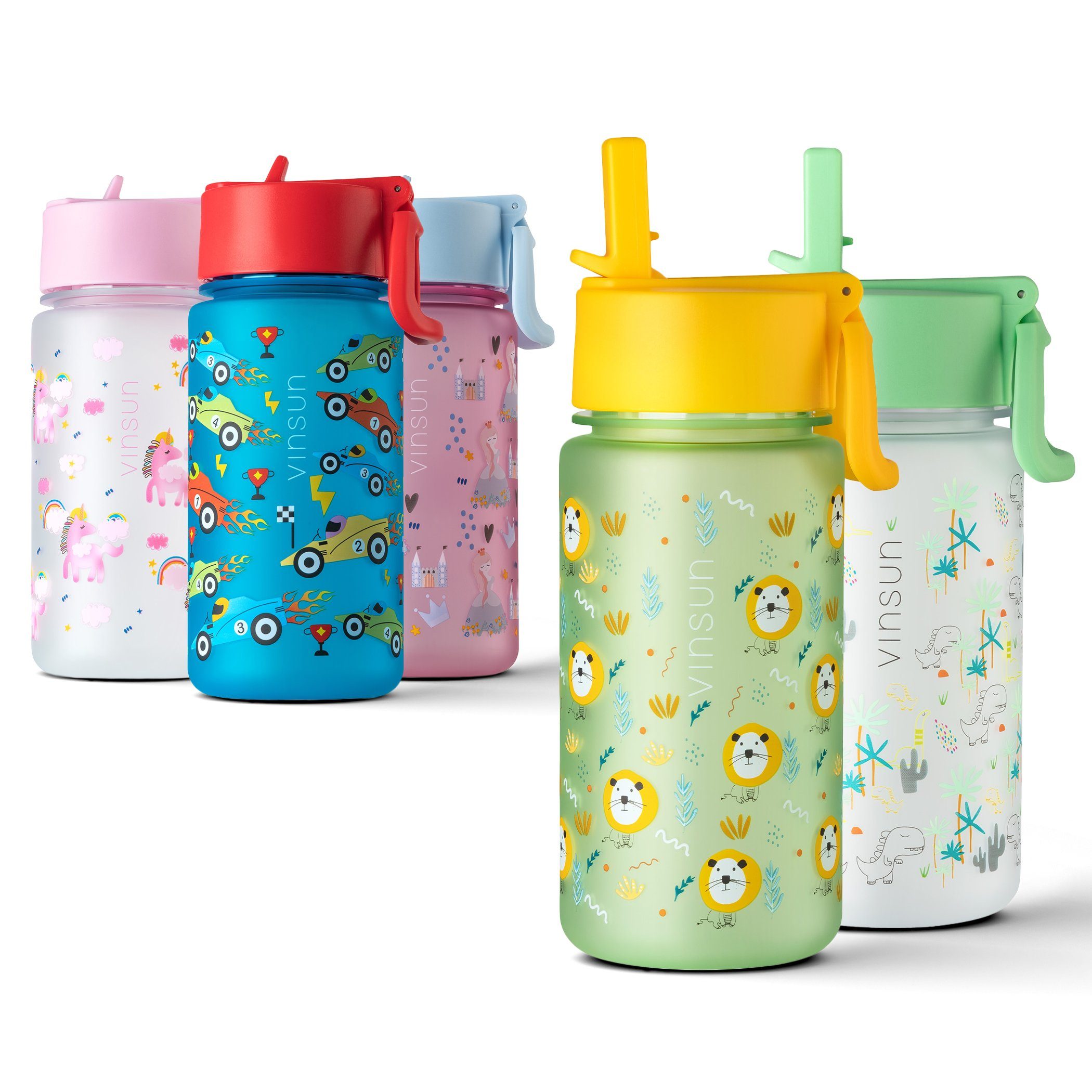 Vinsun Trinkflasche Trinkflasche Kinder 500ml - Auslaufsicher mit Strohhalm - Löwe, BPA frei, auslaufsicher, bruchsicher, Geruchs- und Geschmacksneutral