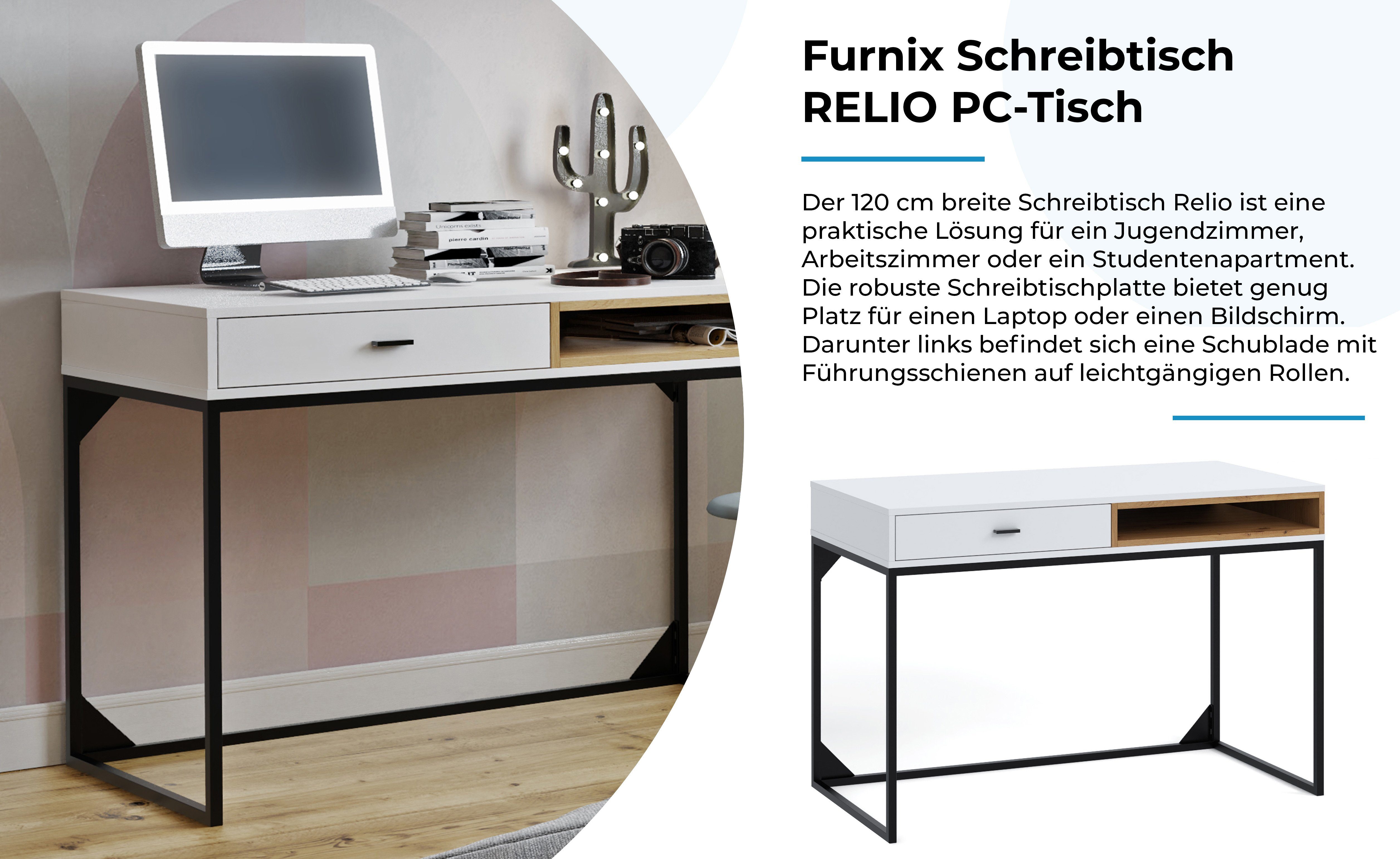 cm x Weiß/Artisan Arbeitsplatz x Schublade, T60 Scandi-Design, Ablage, Furnix B120 Schreibtisch RELIO H80,5 mit PC-Tisch