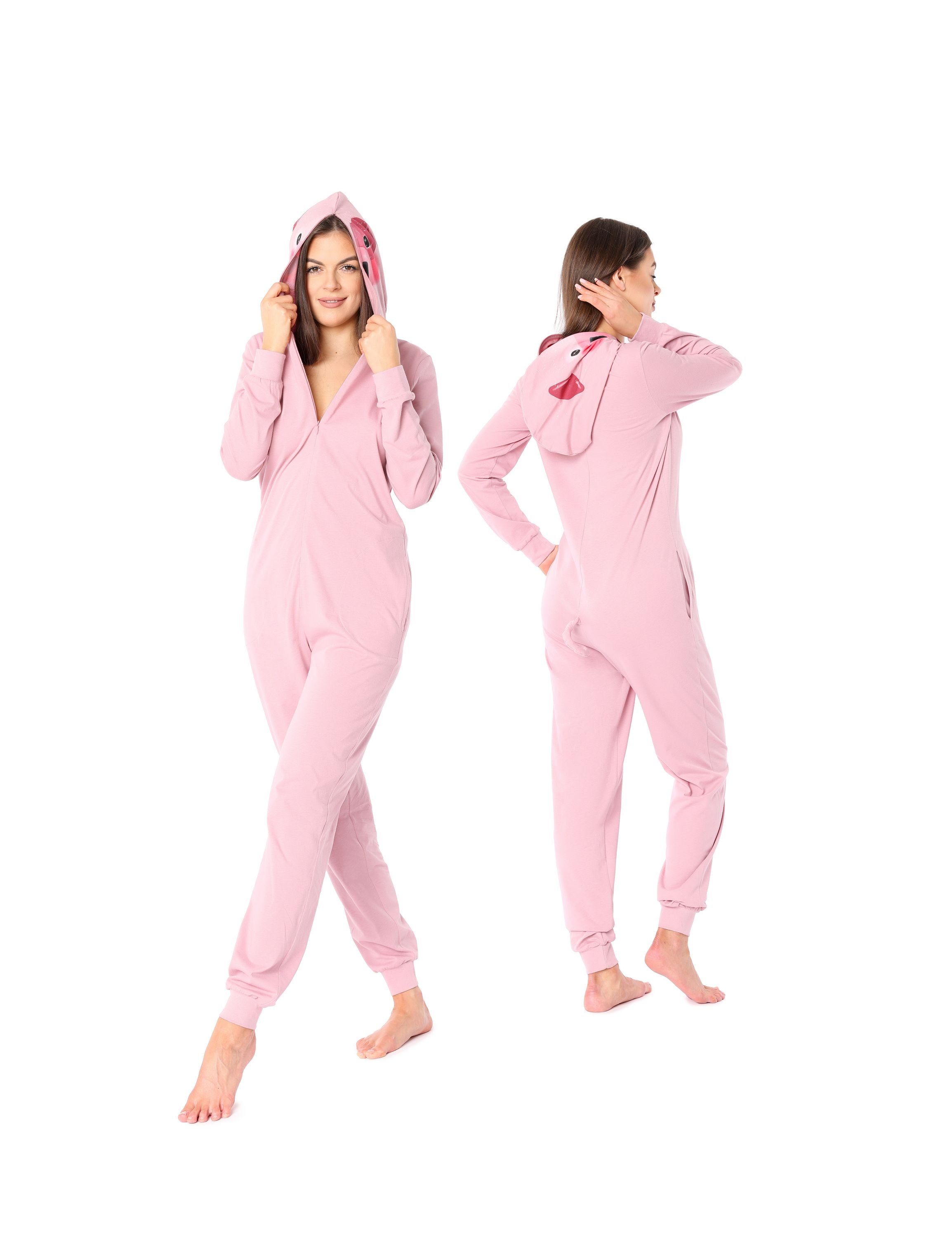 Jumpsuit Schlafanzug Rosa Damen aus ohne Kapuze LA40-234 mit Ladeheid Baumwolle Schlafoverall Schweinchen