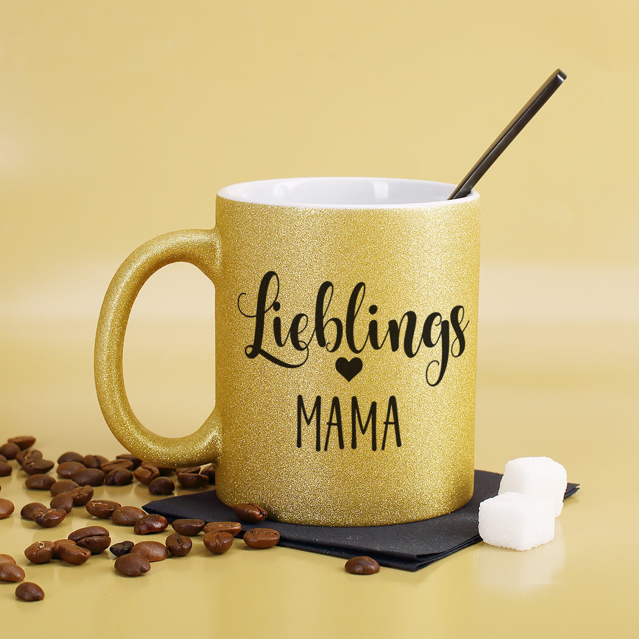 Herz & Heim Tasse gold glitzernd mit verschiedenen Motiven für Lieblingsmenschen