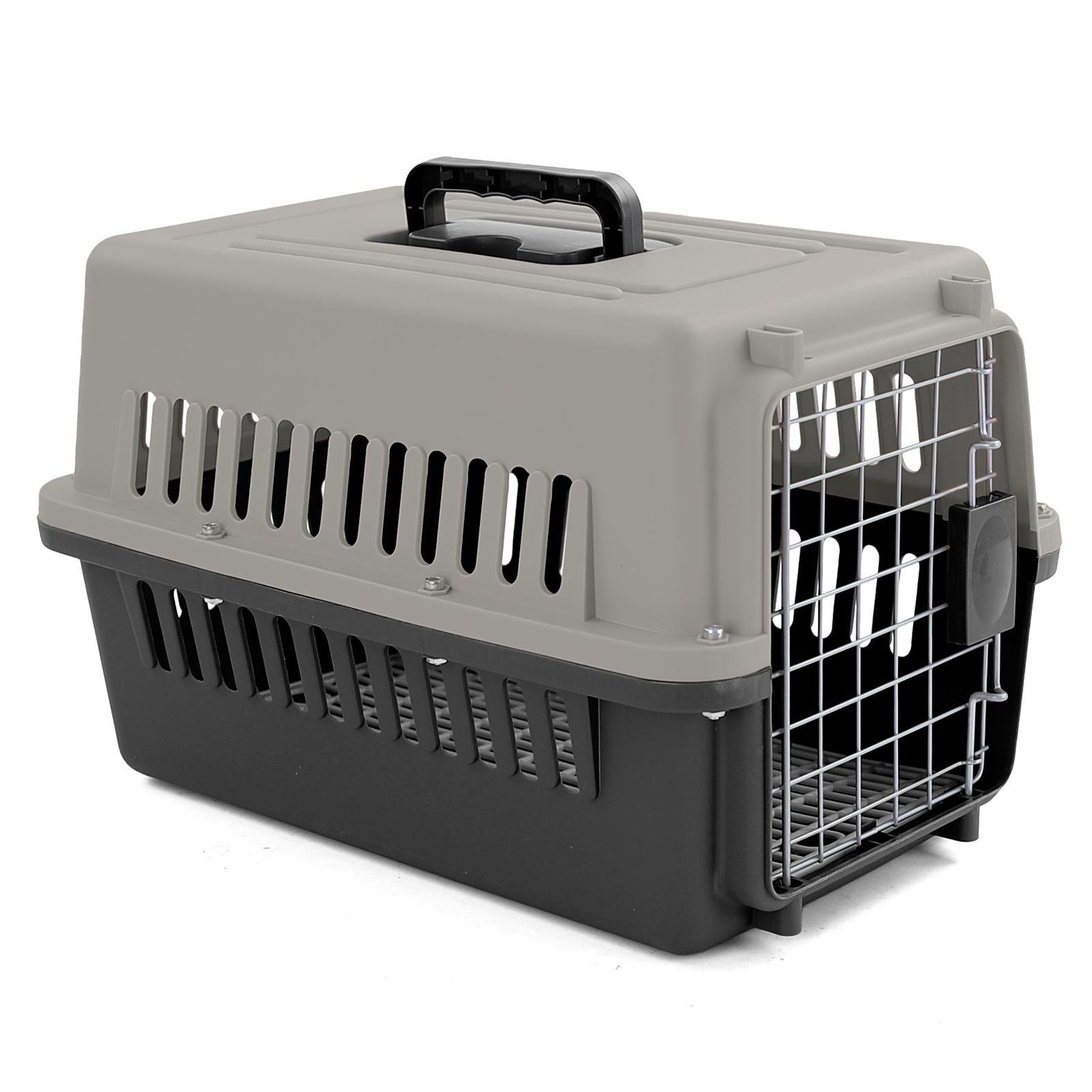 RAMROXX Tiertransportbox Transportbox mit Tür für Hund Katze usw. Grau Schwarz 30x48x31cm