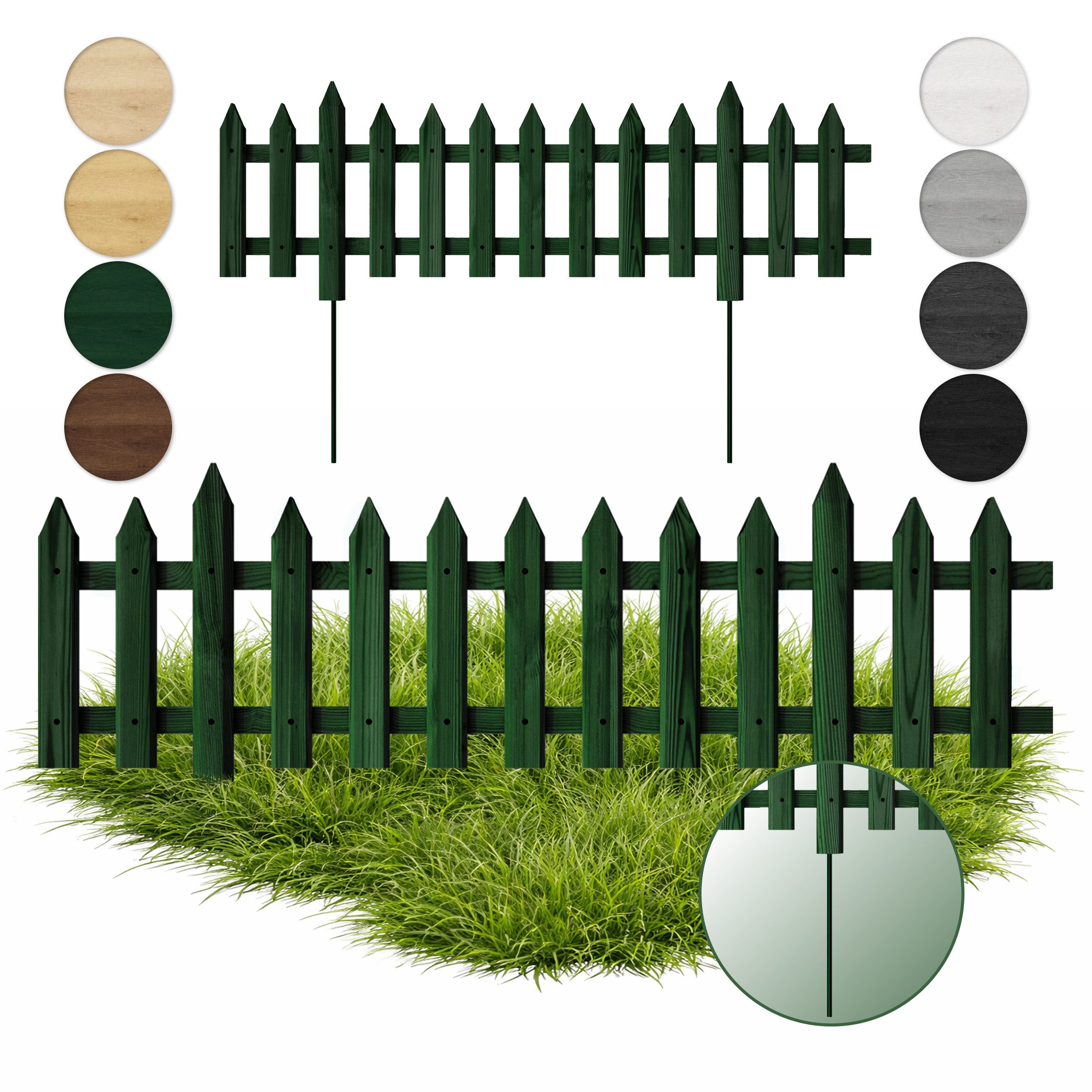 Floranica Zierzaun Vorgartenzaun Steckzaun Gartenzaun Zierzaun Lattenzaun Friesenzaun, (30 x 100 cm, 3-St., Grün), Blummen Beeten Zaun aus Holz mit Metalpfosten, Beetabgrenzung