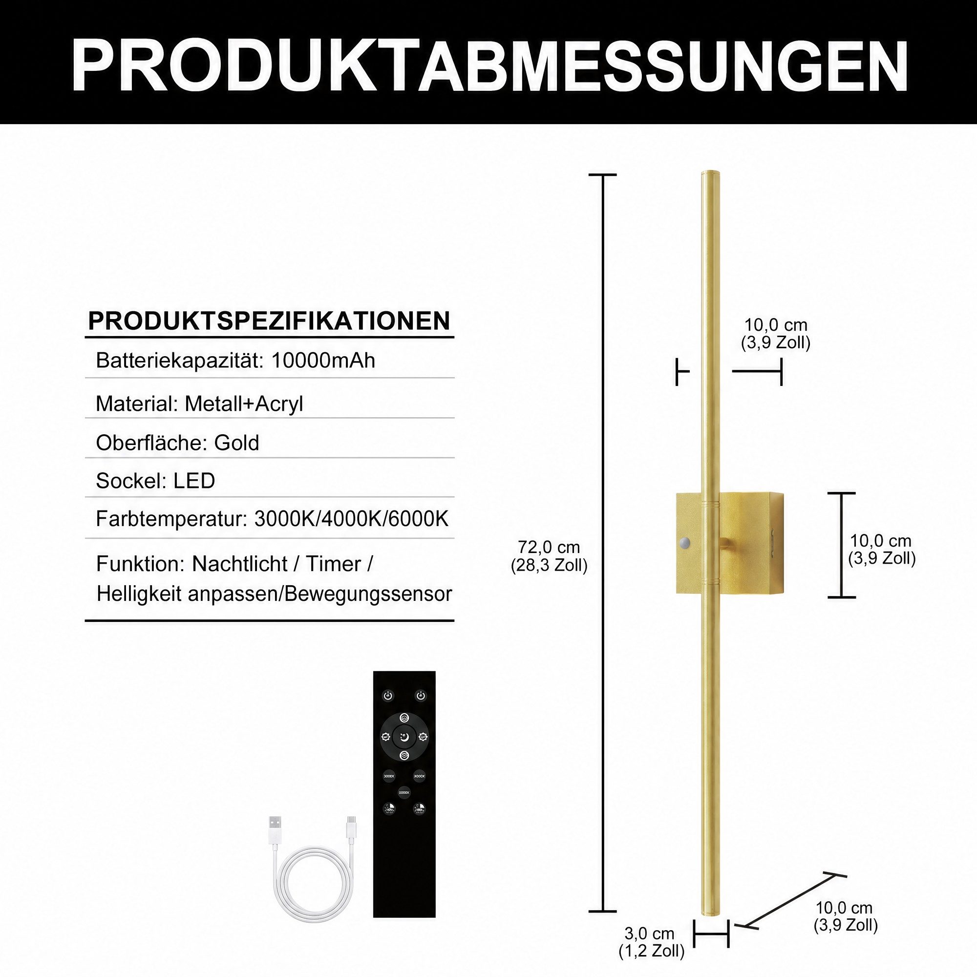 LOHAS-LED Wandleuchte Akku LED Wandleuchte Linear Gold 72 cm, 3 CCT dimmbar, Nachtlicht / Timer / Helligkeit anpassen / Bewegungssensor, LED fest integriert, Warmweiß, Tagesweiß, Kaltweiß, Touch & Fernbedienung, 10000mAh Batterie mit Sensor