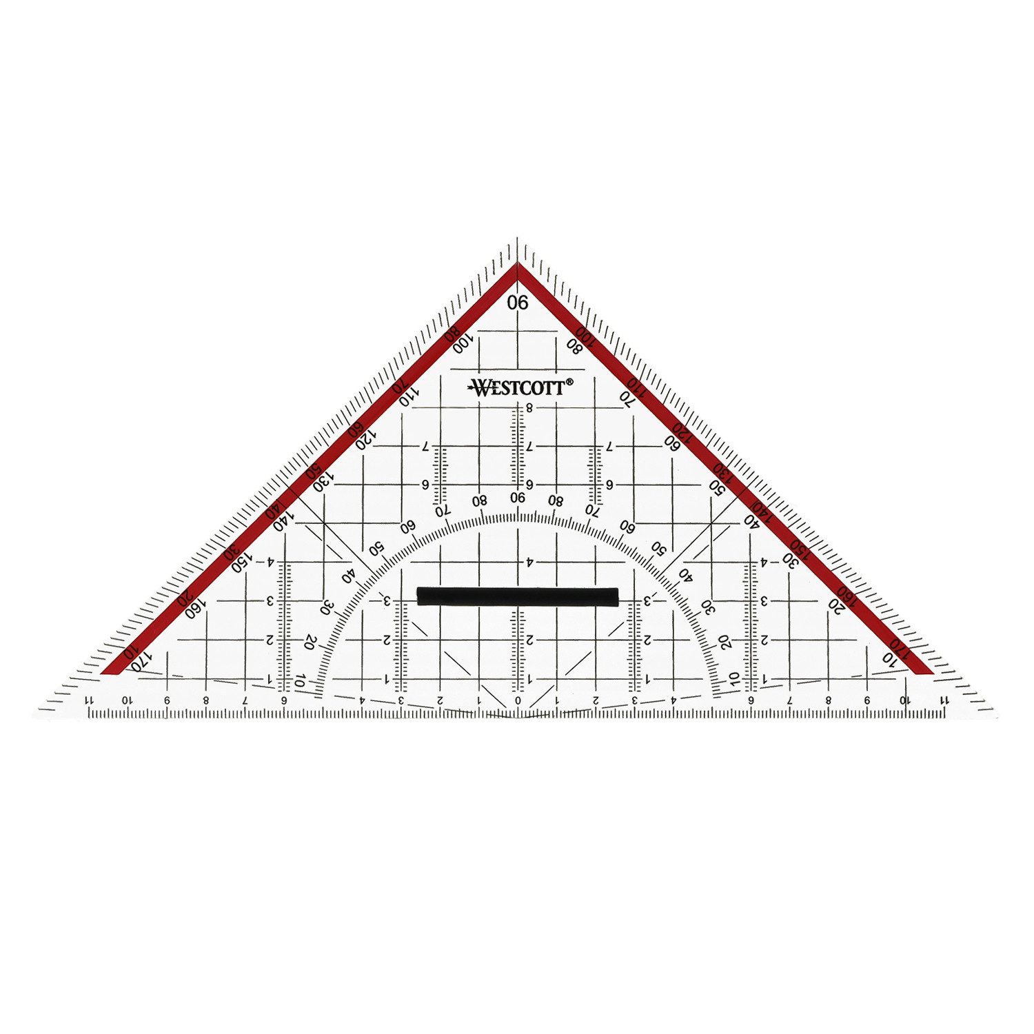 WESTCOTT Geodreieck 22 cm mit abnehmbarem Griff, Transparentes Geodreieck aus Kunststoff, Technische Skala & Winkelmesser für Schule, Uni oder Büro