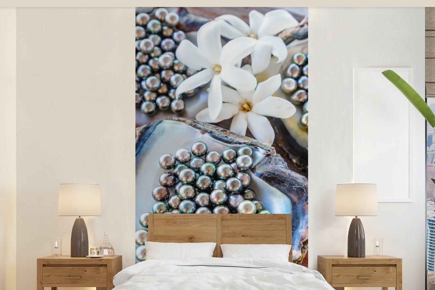 St), Austern Schlafzimmer bedruckt, Weiße zwischen Fototapete für Küche, schwarzen MuchoWow mit Perlen, Fototapete (2 Matt, Wohnzimmer Vliestapete Blumen