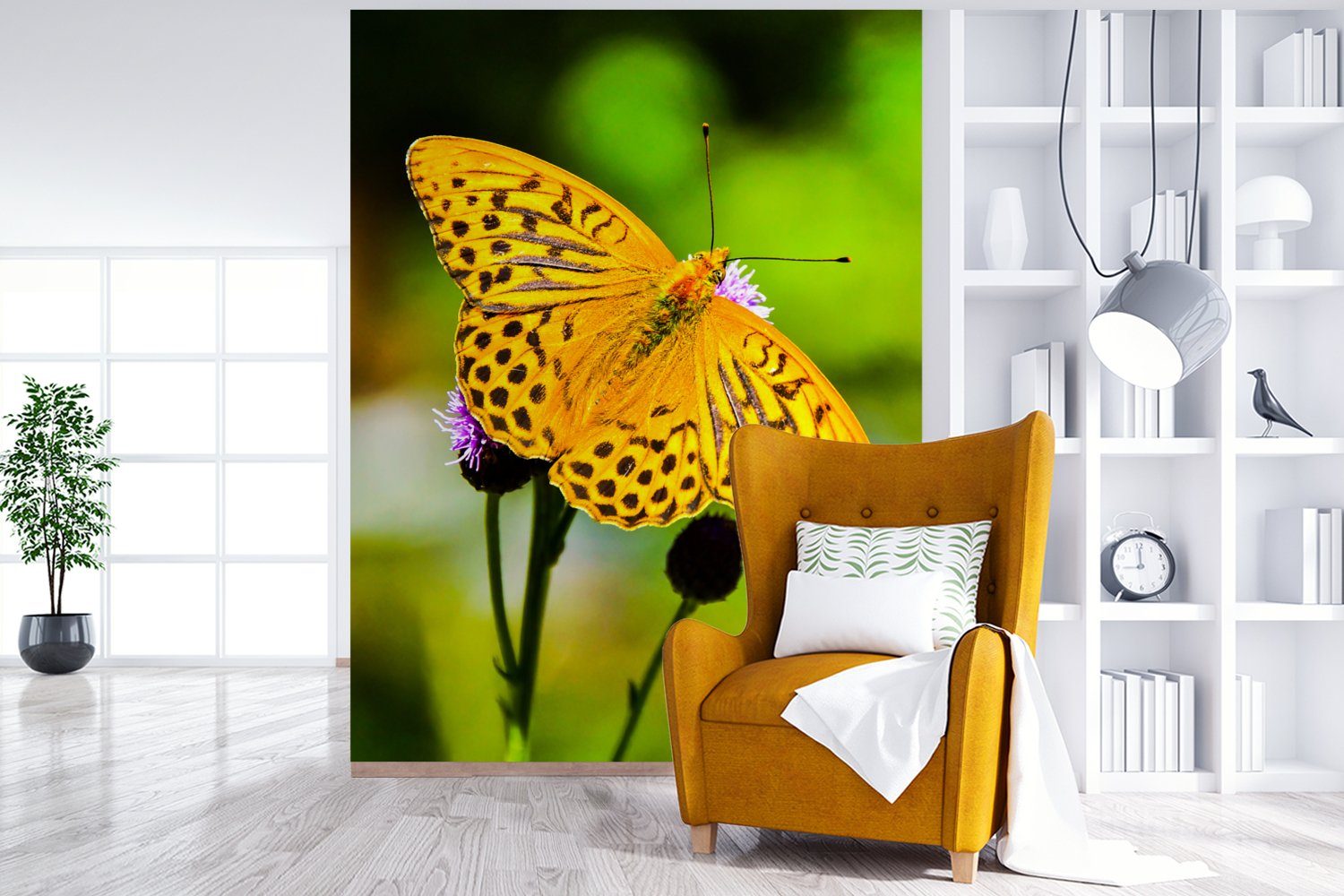 Matt, Tapete St), Schmetterling - - MuchoWow Montagefertig für Blume, Vinyl Wohnzimmer, (4 bedruckt, Tiger Fototapete Wandtapete