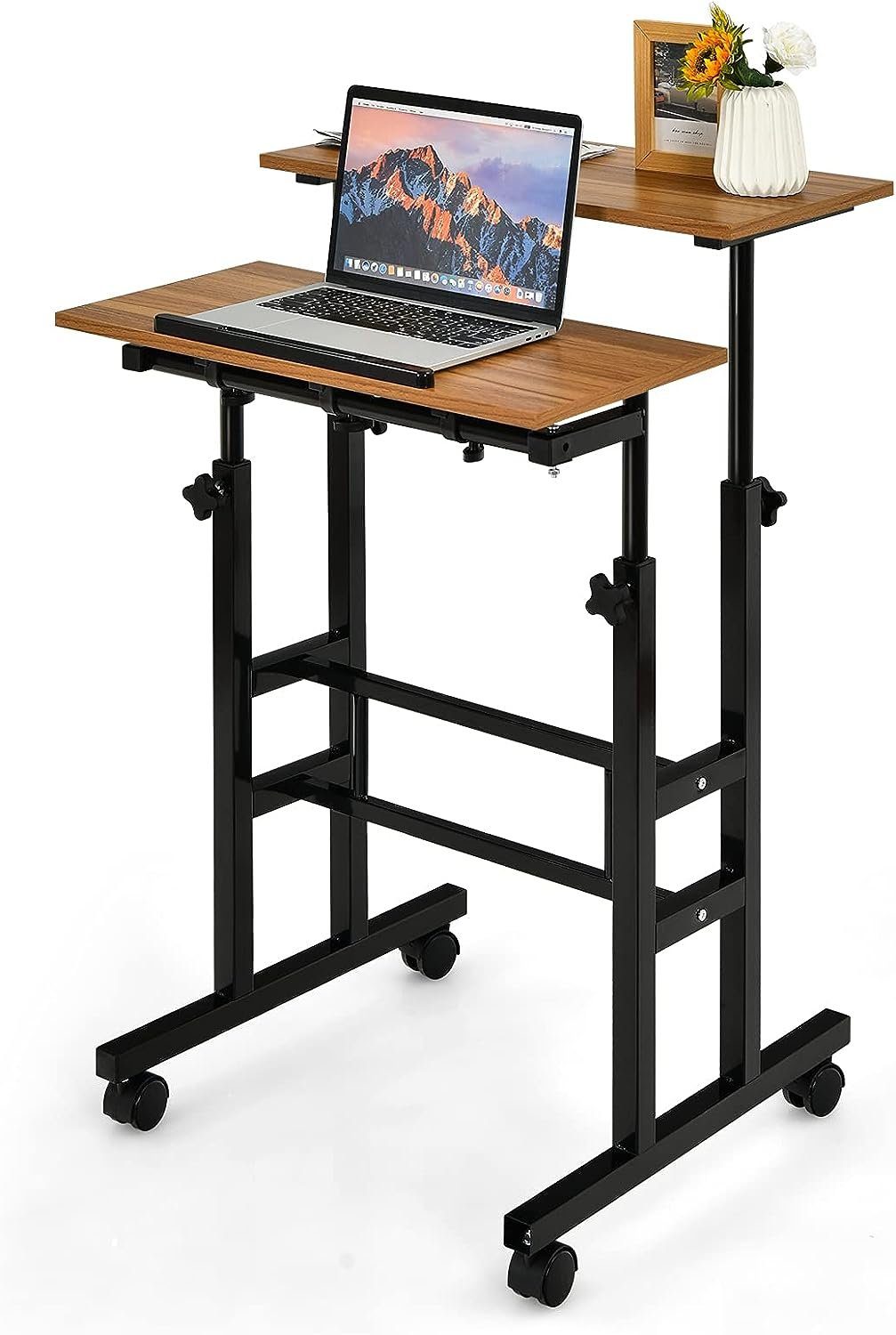 KOMFOTTEU Laptoptisch Stehpult, höhenverstellbar Schreibtisch, mit Rollen braun