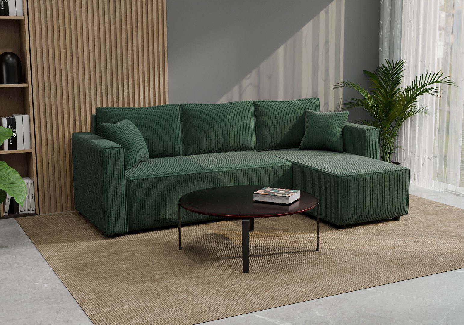 Goldstoff Ecksofa mit Schlaffunktion & Bettkasten, – modernes Sofa klein, Eckcouch, Cordstoff / Cordbezug