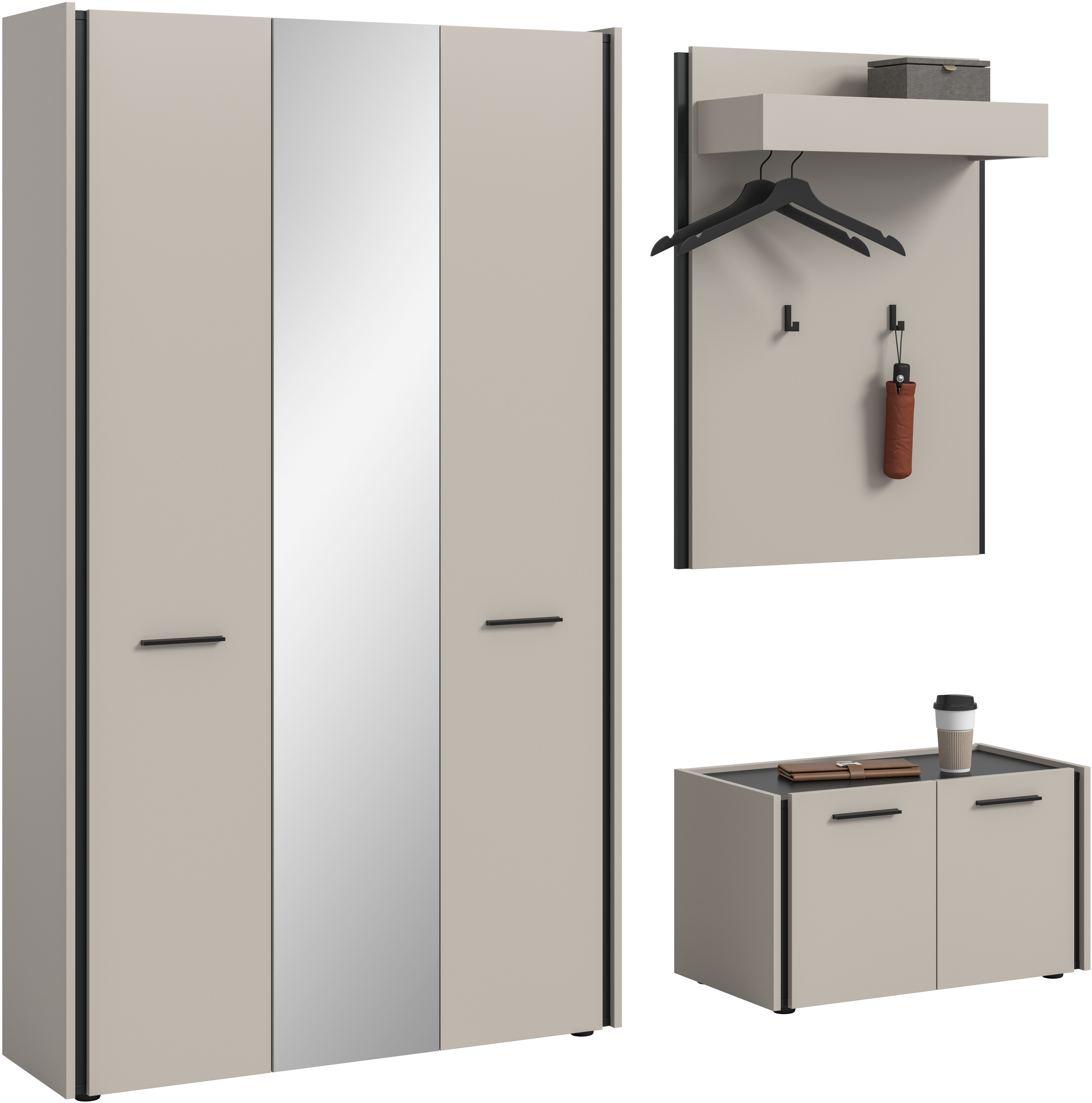 Home affaire Garderoben-Set RAK, 3-teilige Garderoben-Kombination, Breite ca.197 cm, (3-St., Garderobenschrank, Sitzbank, Garderobenpaneel), Garderobenkombination, Kombination, Set, Flurgarderobe, Diele