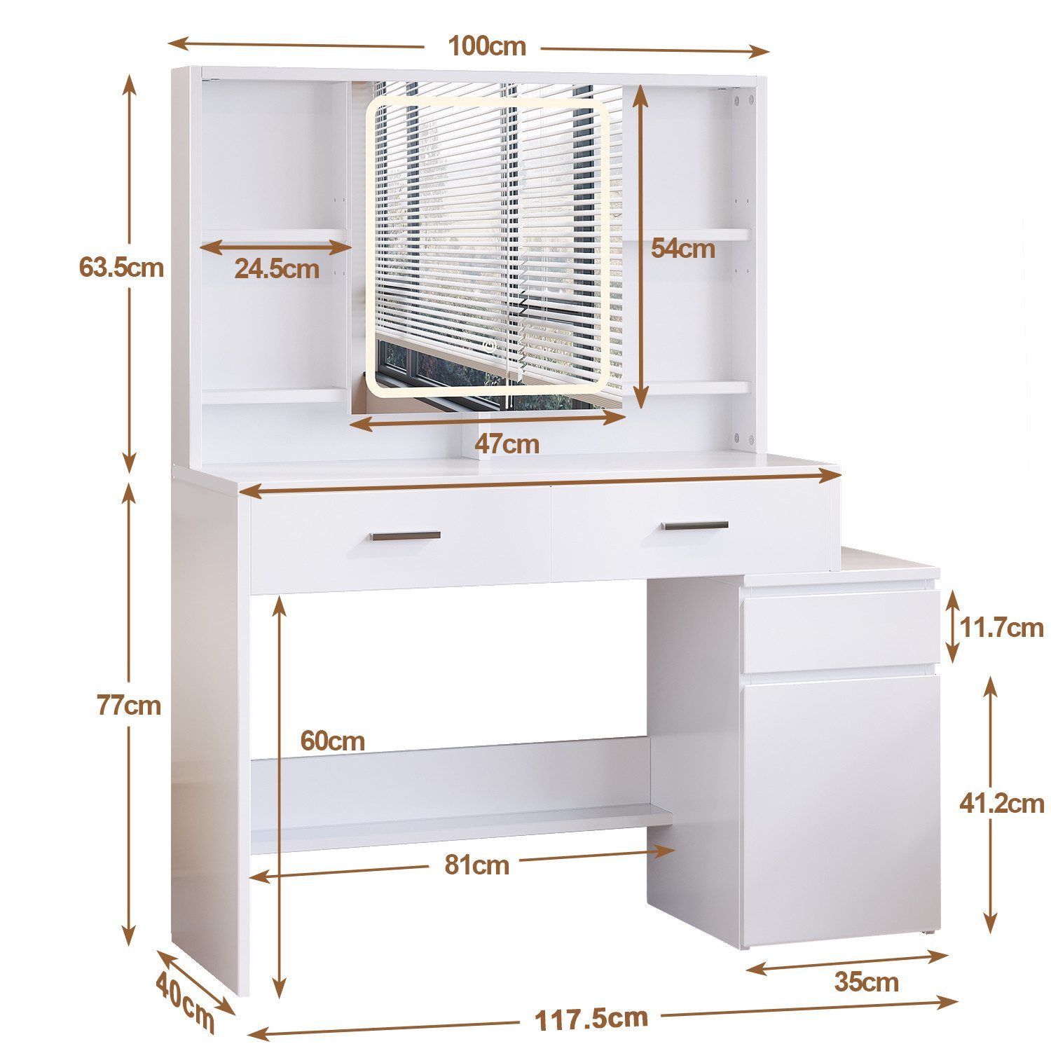 HOMALL Schminktisch Mit Spiegel und dreifarbigem LED-Licht 3 Schubladen 8 Ablagefächer (L*B*H) 117.5*40*140.5cm Moderner, minimalistischer Stil Reichlich Stauraum Stabile und langlebige Konstruktion)