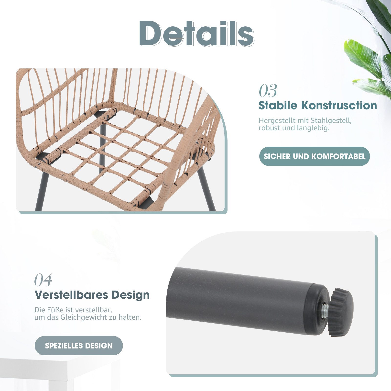 JOIVI Bistrostuhl Outdoor 3-tlg Bistro Set (Wetterfeste Rattan Gartensofa Set mit 2 Stühle und Beistelltisch), für Veranda, Garten, Balkon, Turquoise(Kissen)