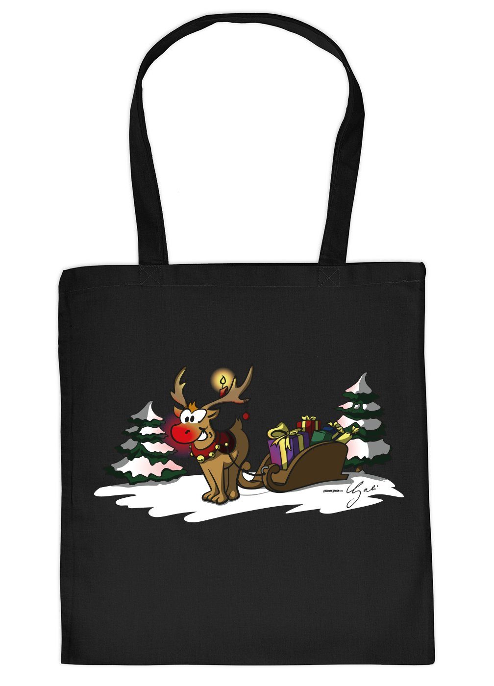 Tini - Shirts Henkeltasche Geschenktasche Weihnachten Baumwolltasche Rentier Schlitten : Rudolph, Geschenktasche Weihnachten Rentier mit Schlitten