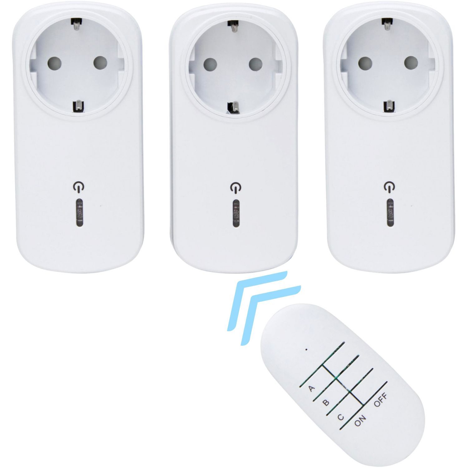 Kopp Funksteckdose 3er Set Funk-Steckdosen mit Fernbedienung Weiß, max. 1000 W, Set, 3x Steckdosen-Adapter + Funksender, 3x Funksteckdosen mit Fernbedienung 25m Funksteckdose Funk Steckdose