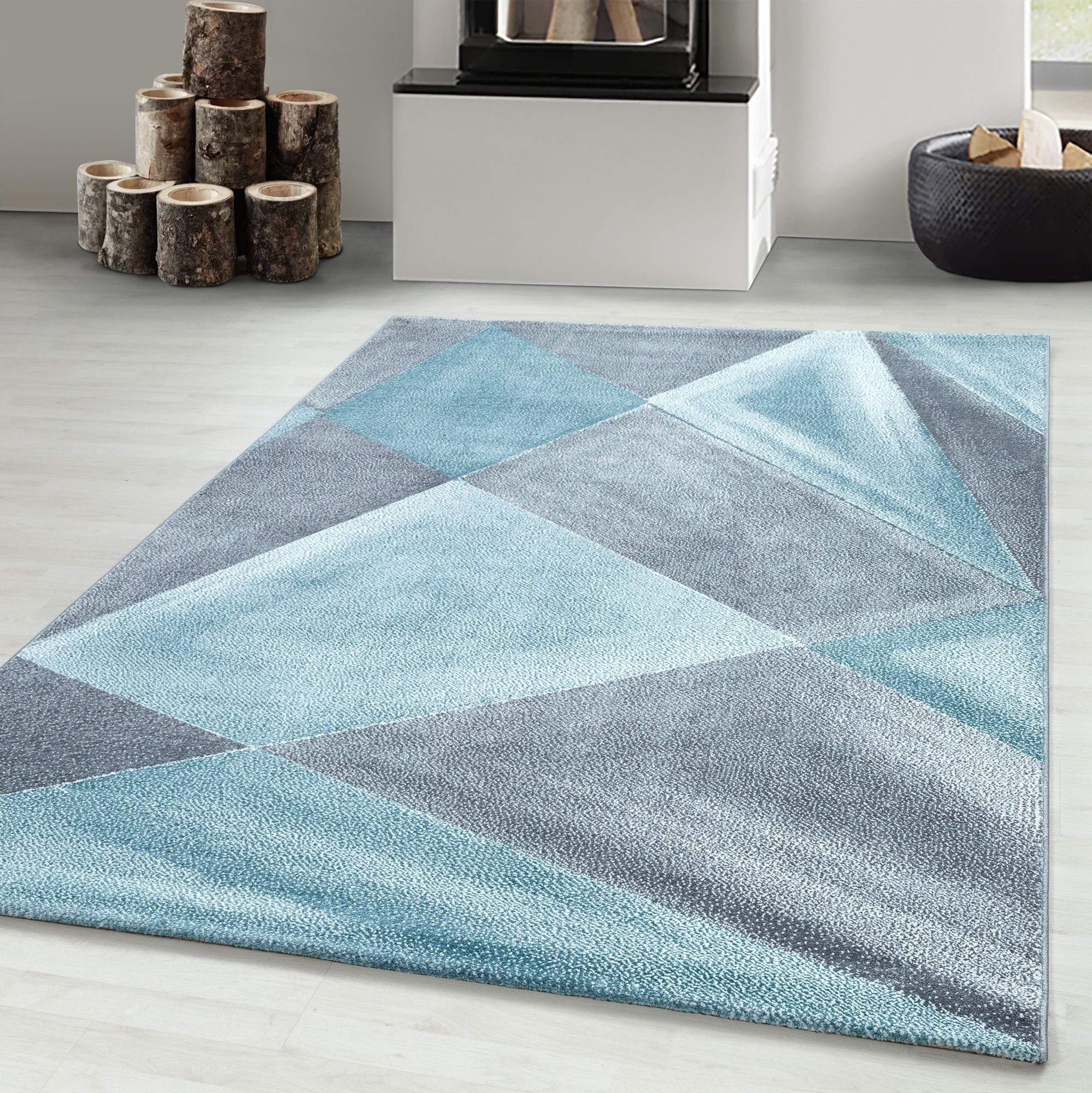Frisé-Teppich Geometrisch Design, Carpetsale24, Läufer, Höhe: 10 mm, Modern Kurzflor Teppiche Geometrisch Design Blau Teppich Wohnzimmer