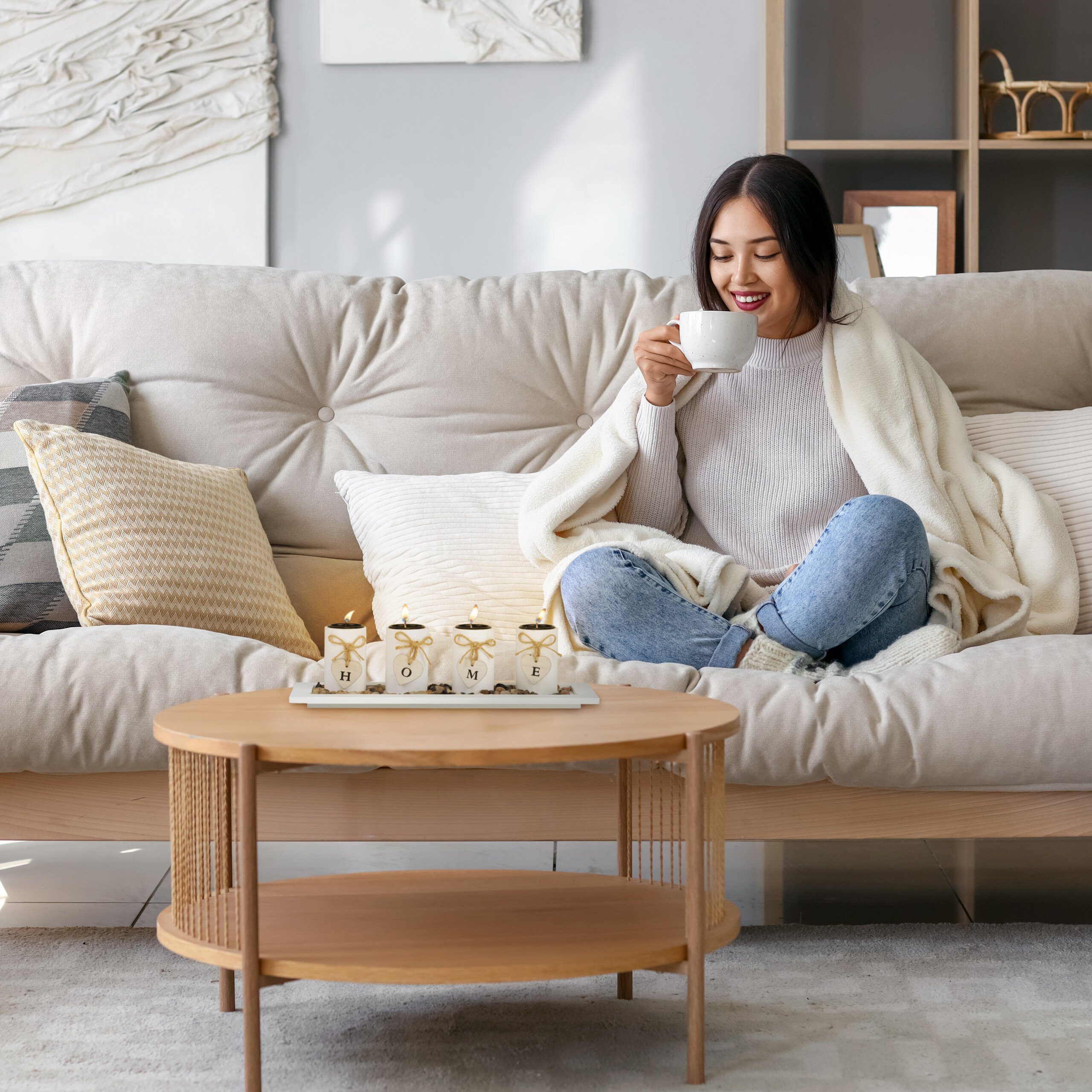 relaxdays Teelichthalter mit Tablett & Steine