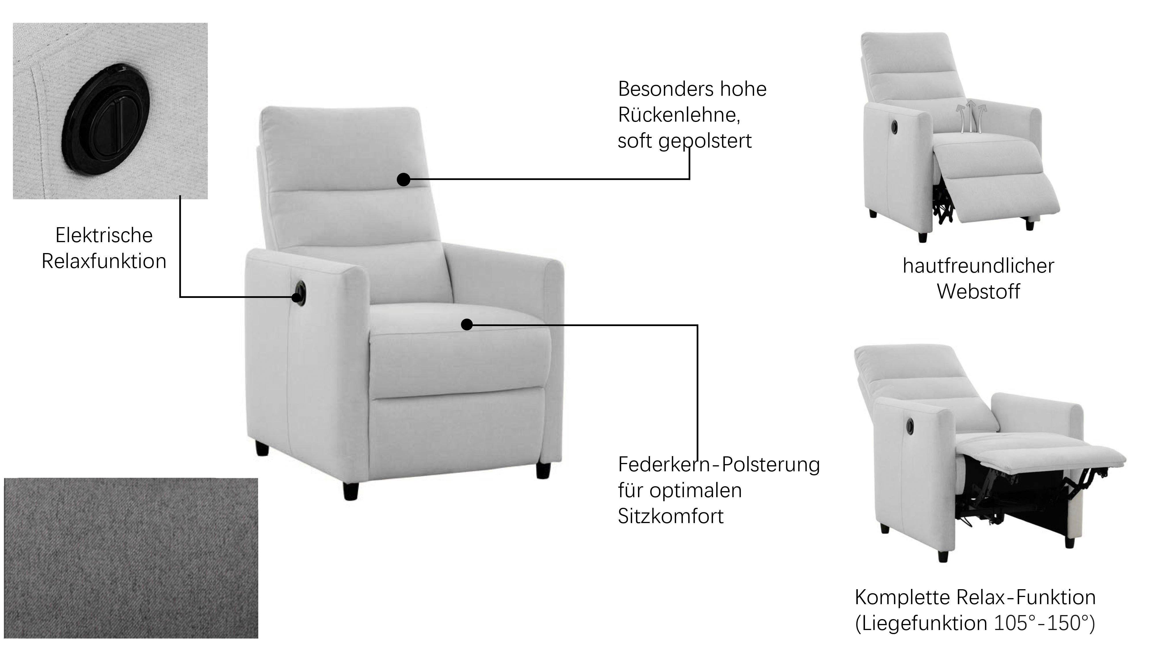 OTTO home Relaxsessel ANNICA, TV-Sessel mit elektrischer Relax- und Liegefunktion, Federkern-Polsterung, pflegeleichter Webstoff