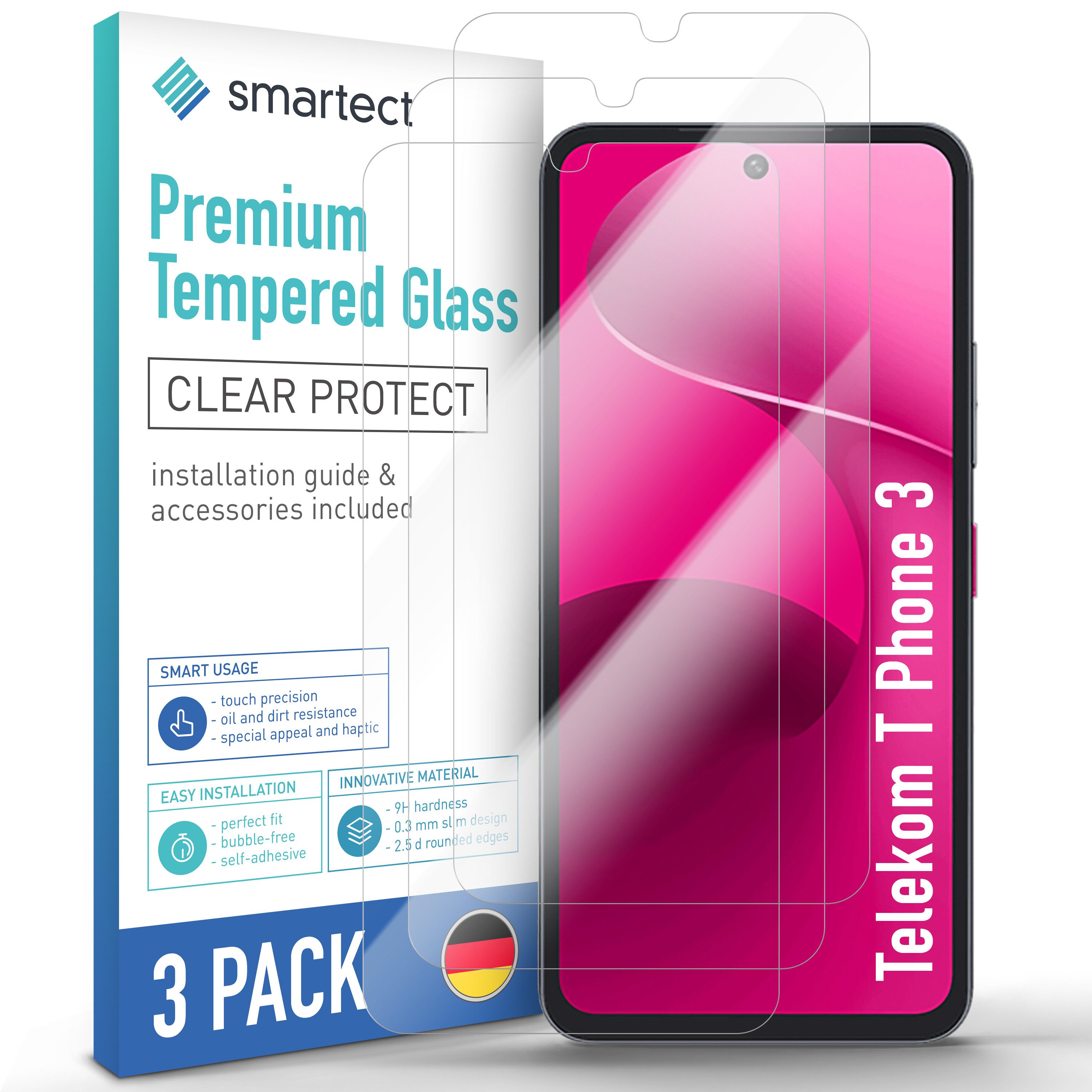 smartect Displayschutzglas 3X Schutzglas Panzerfolie Klar für Telekom T Phone 3 für Telekom T Phone 3, Set, 3 Stück, 0.3 mm Ultra-klar, 9H Härte, Kratzfest, Stoßfest, Blasenfrei, Oleophob