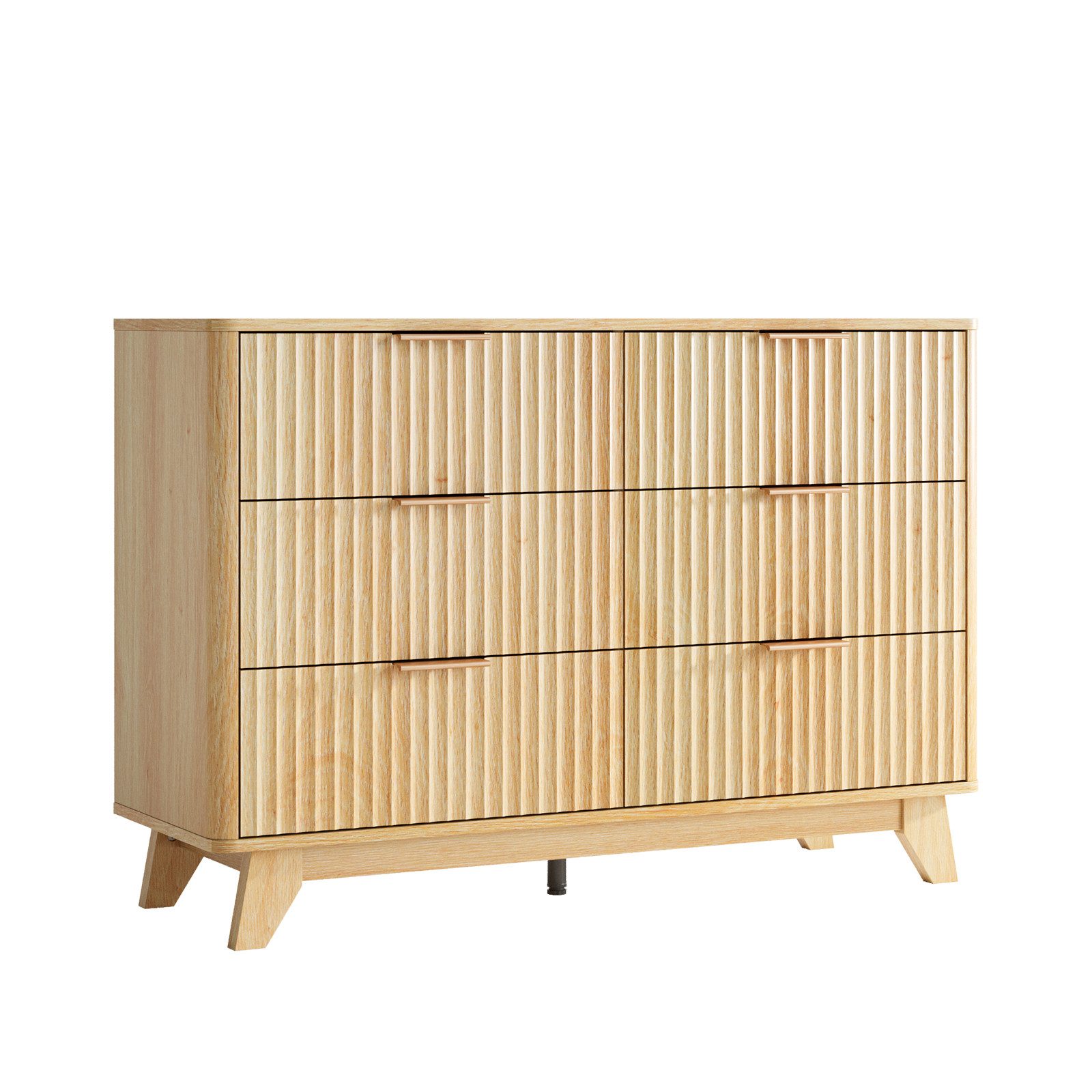 VINGLI Kommode mit 3/6 Schubladen, Schubladenschrank Eiche, 70/110 cm breit Holz, Sideboard mit geriffelten Türen, goldenen Griffen