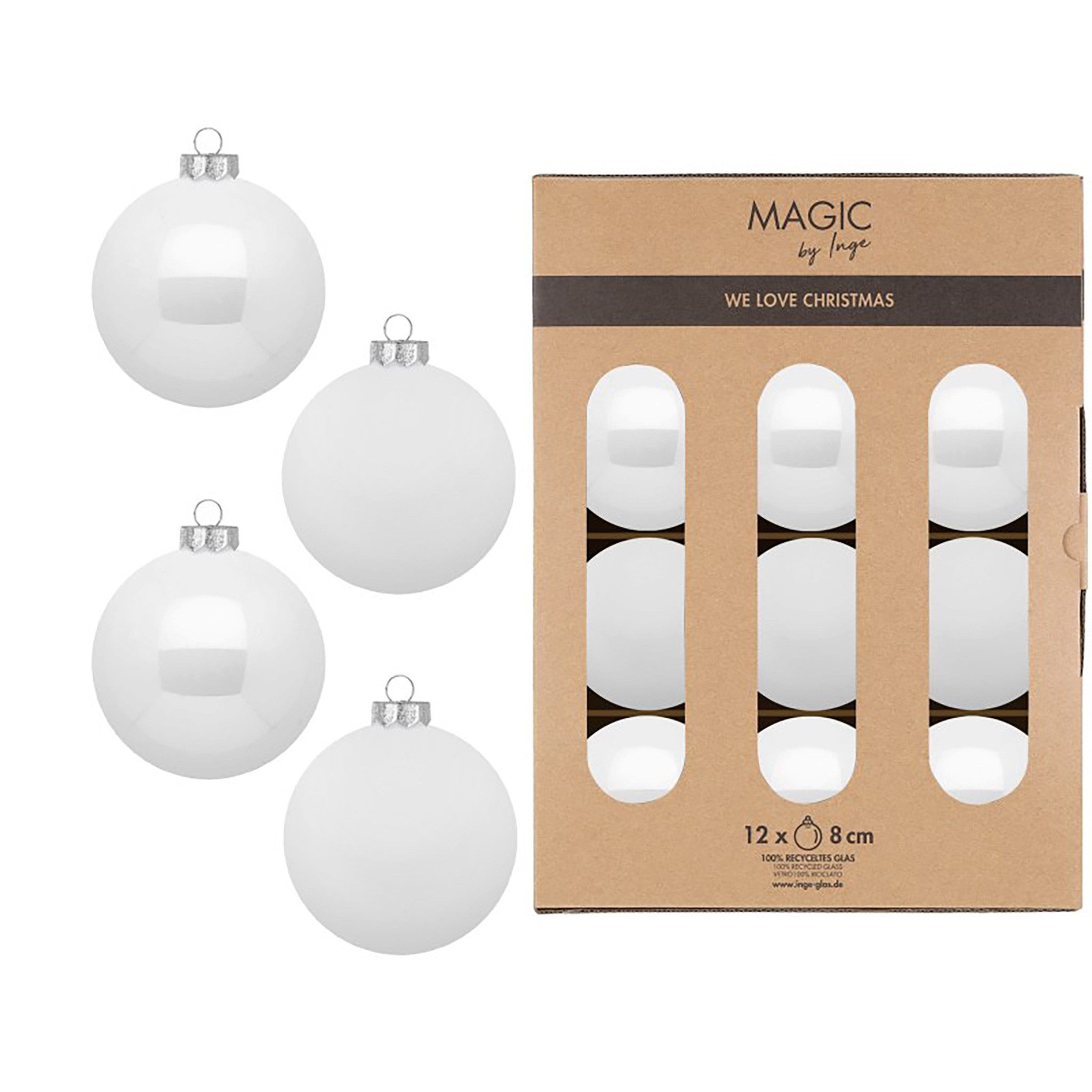 MAGIC by Inge Weihnachtsbaumkugel, Weihnachtskugeln Glas 8cm 12 Stück - Pure White