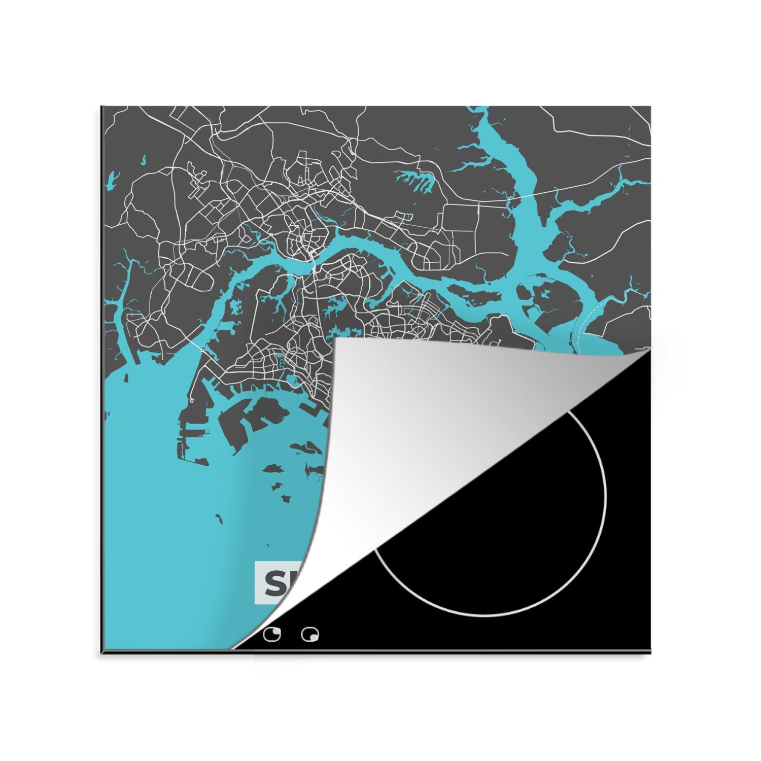MuchoWow Herdblende-/Abdeckplatte - (1 - Blau Stadtplan, tlg), Singapur Arbeitsplatte cm, 78x78 küche Ceranfeldabdeckung, - Vinyl, Karte für