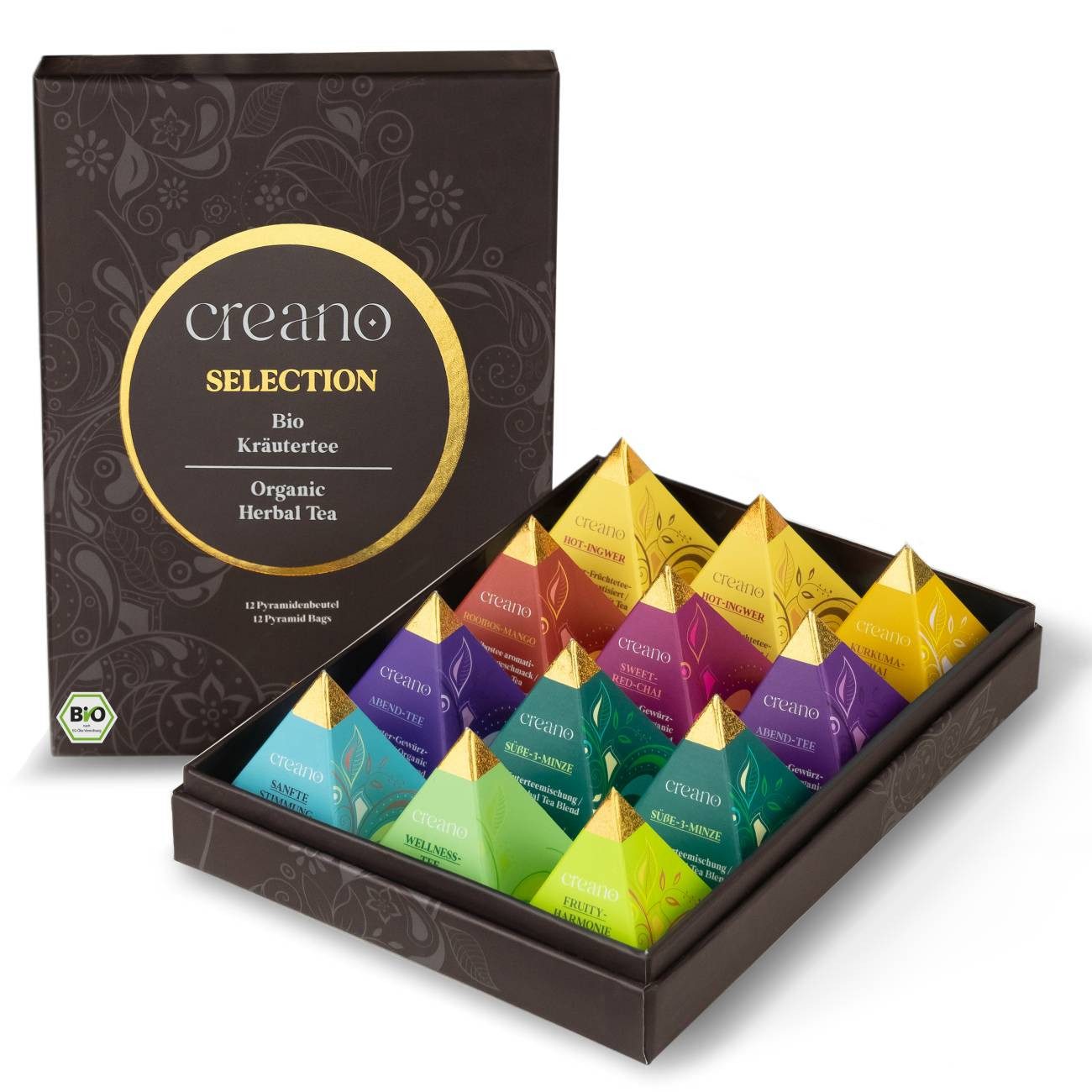 Creano Tee Bio Kräutertee 12er Pyramiden Geschenkset „ORGANIC HERBAL TEA“*, 1 x 12 St. (12 Bio-Pyramiden-Teebeutel)