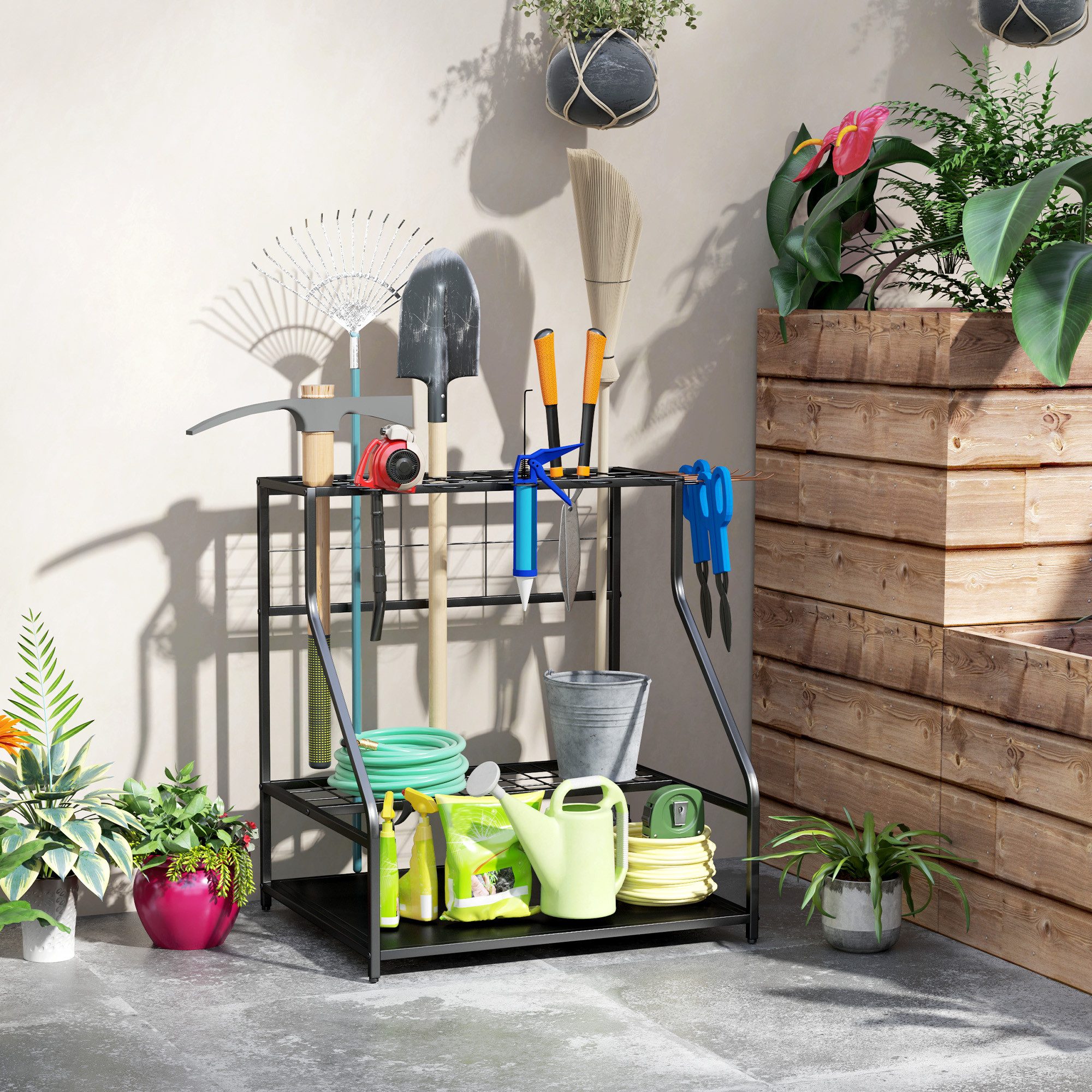Outsunny Gartengerätehalter 3-stufig Gartenwerkzeug-Organizer, mit Haken, b günstig online kaufen