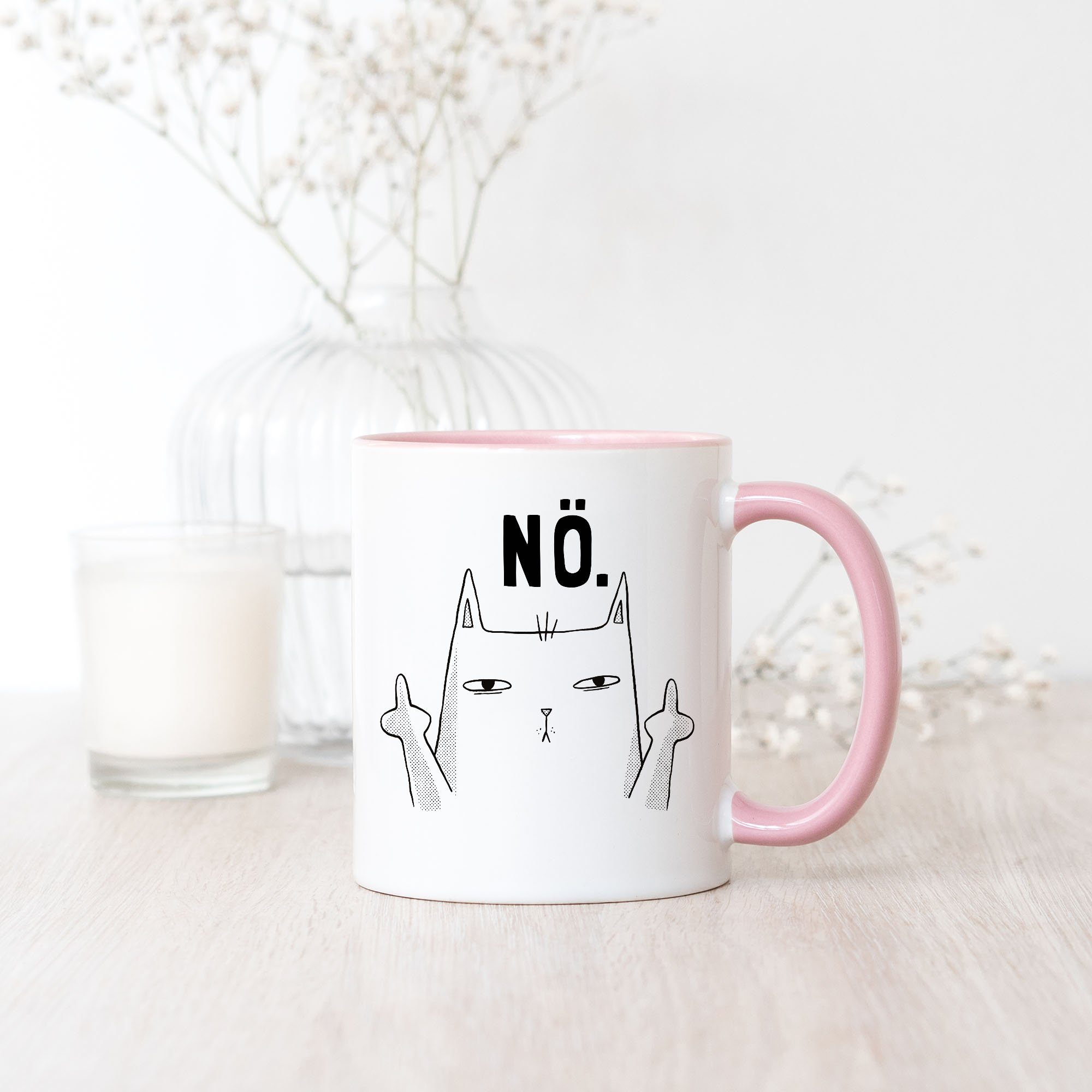 Hey!Print Tasse "Nö Tasse Einfach ", Geschenk Lustig Büro-Tasse Nein Spruch Rosa Katze Cat Katzenliebhaber Kollegin Keramik Kollege unhöflich