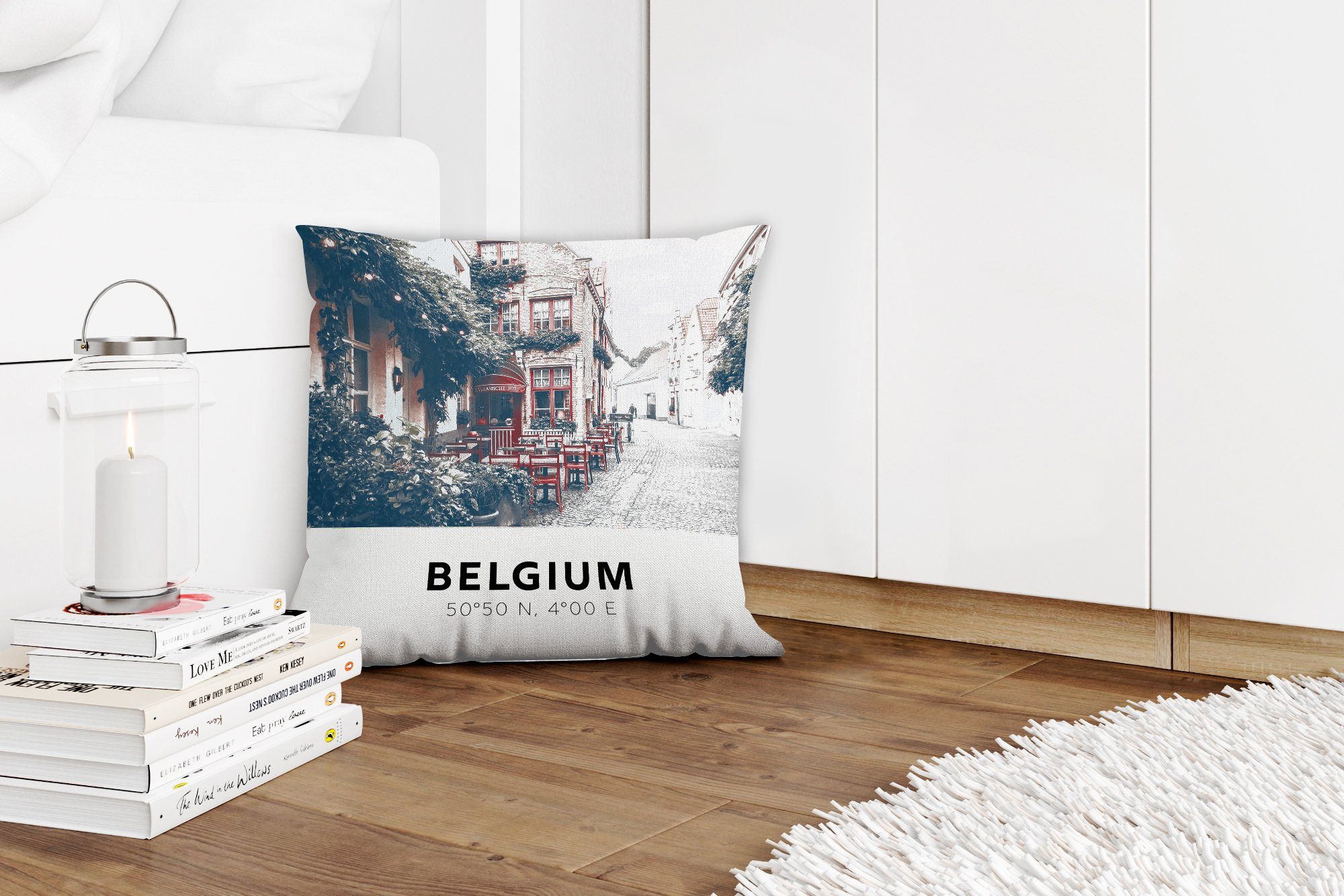 MuchoWow Dekokissen Belgien - Terrasse - Wohzimmer, Deko, mit Zierkissen Sofakissen Stadt, Schlafzimmer, für Füllung