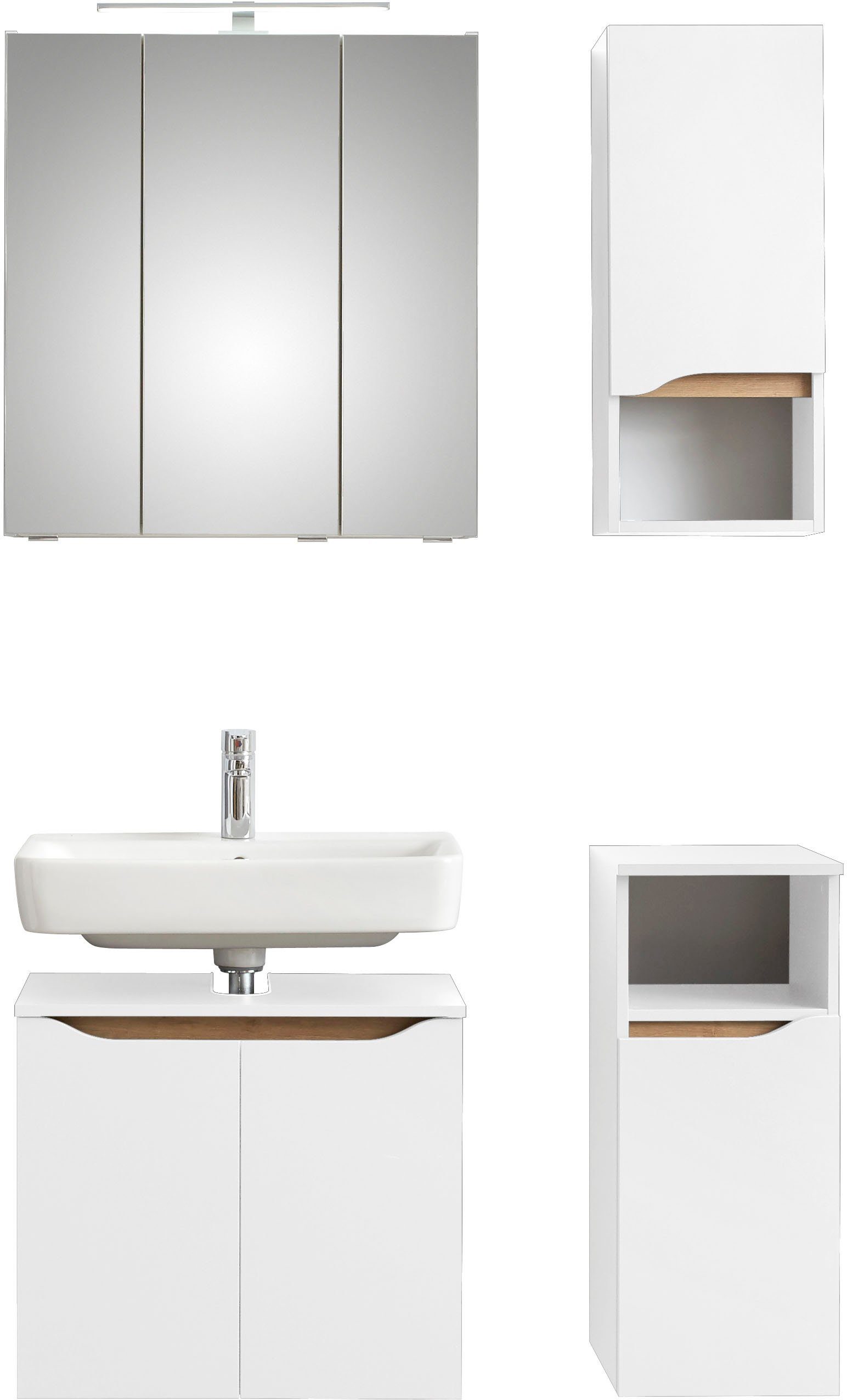 Badmöbel-Set Quickset 4-teilig, Waschbeckenunterschrank mit LED-Spiegelschrank