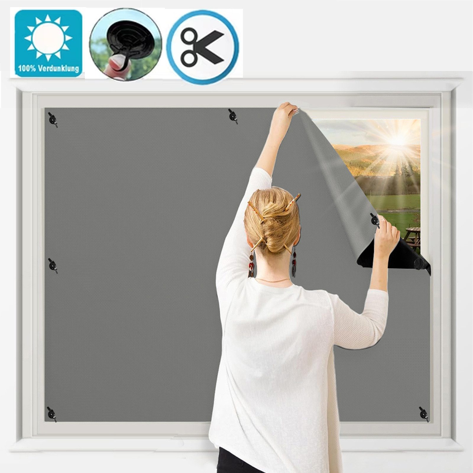 Verdunklungsrollo Verdunklungsstoff ohne Bohren mit Saugnäpfen Schneidbar Fensterfolie, Rosnek, Sonnenschutz, Verdunklungsfolie für Fenster Dachfenster 140x80cm