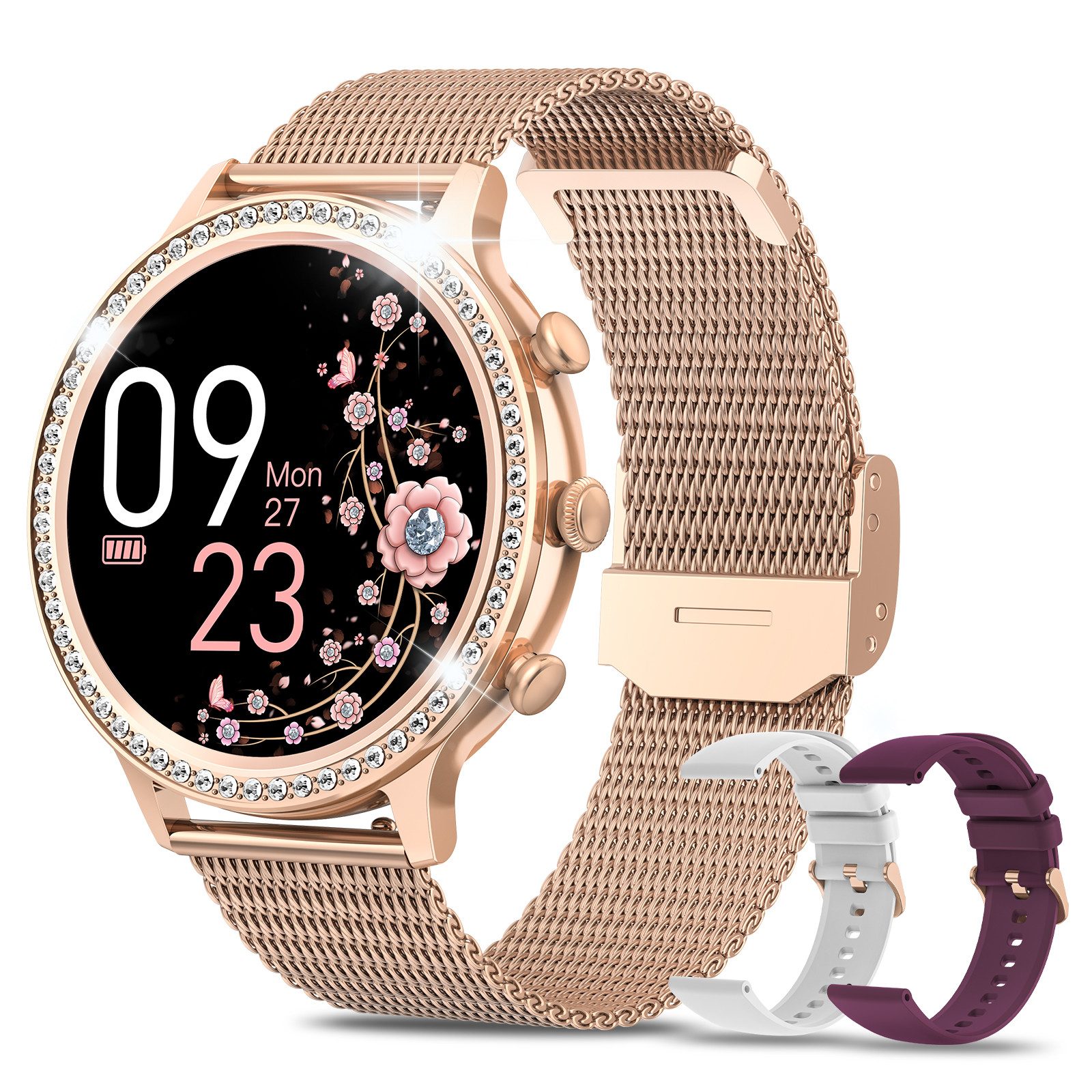 Sanorum Smartwatch Damen mit Telefonfunktion Smartwatch (3.35 cm/1,32 Zoll, HD Voll Touchscreen) Mit Menstruationszyklus, 24/7 Pulsuhr Schlafmonitor SpO2, IP68 Wasserdicht staubdicht Sportuhr für iOS Android