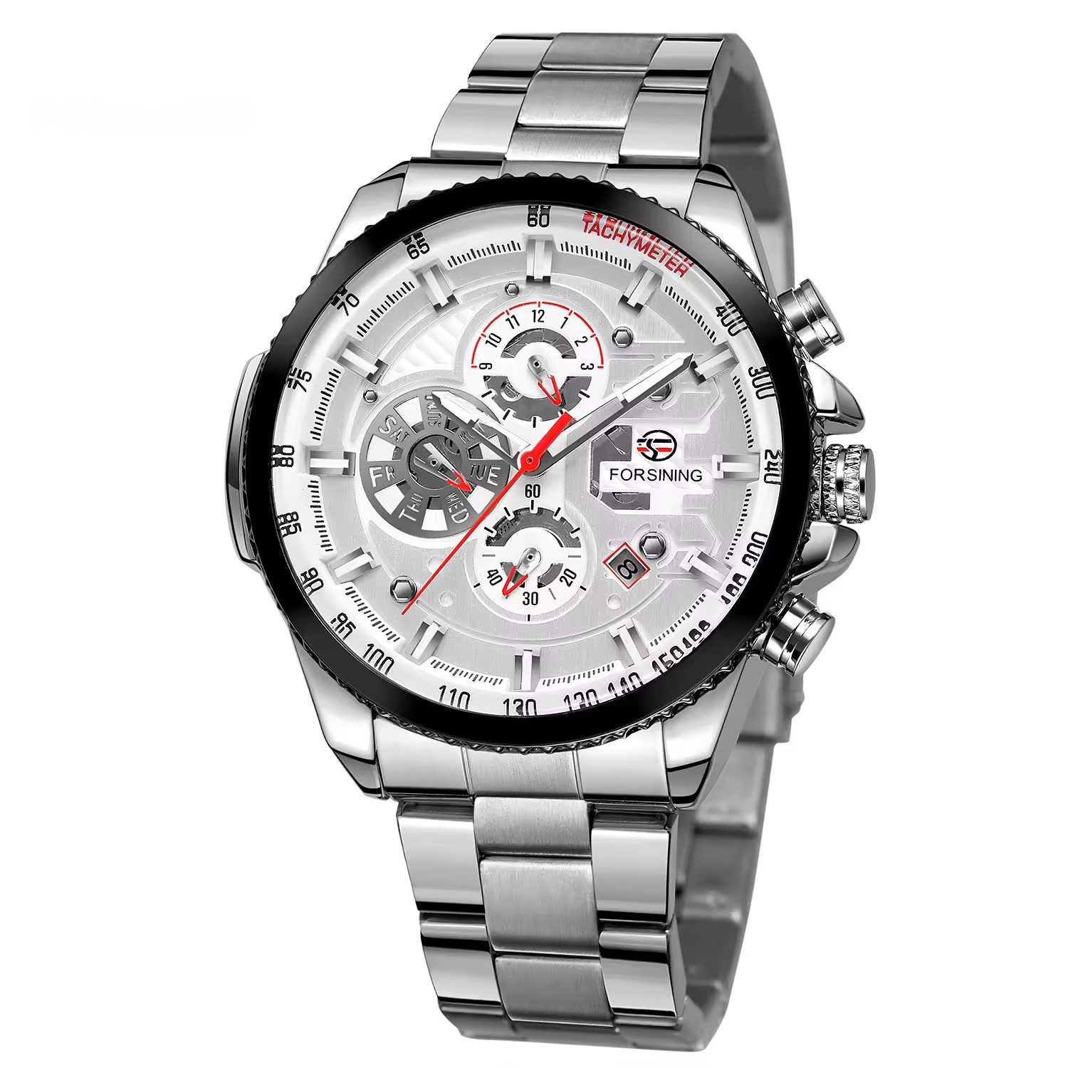 Rötting Design Automatikuhr Herrenuhr Armbanduhr Marke Forsining silberfarbenes Ziffernblatt, Edelstahl, Datum Wochentag Monats Anzeige