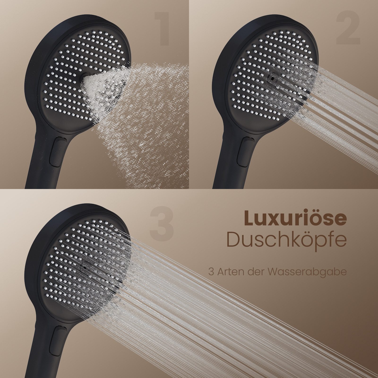 Emke Duschsystem mit Thermostat Mattschwarz Regendusche 3 Wasserstrahlarten günstig online kaufen
