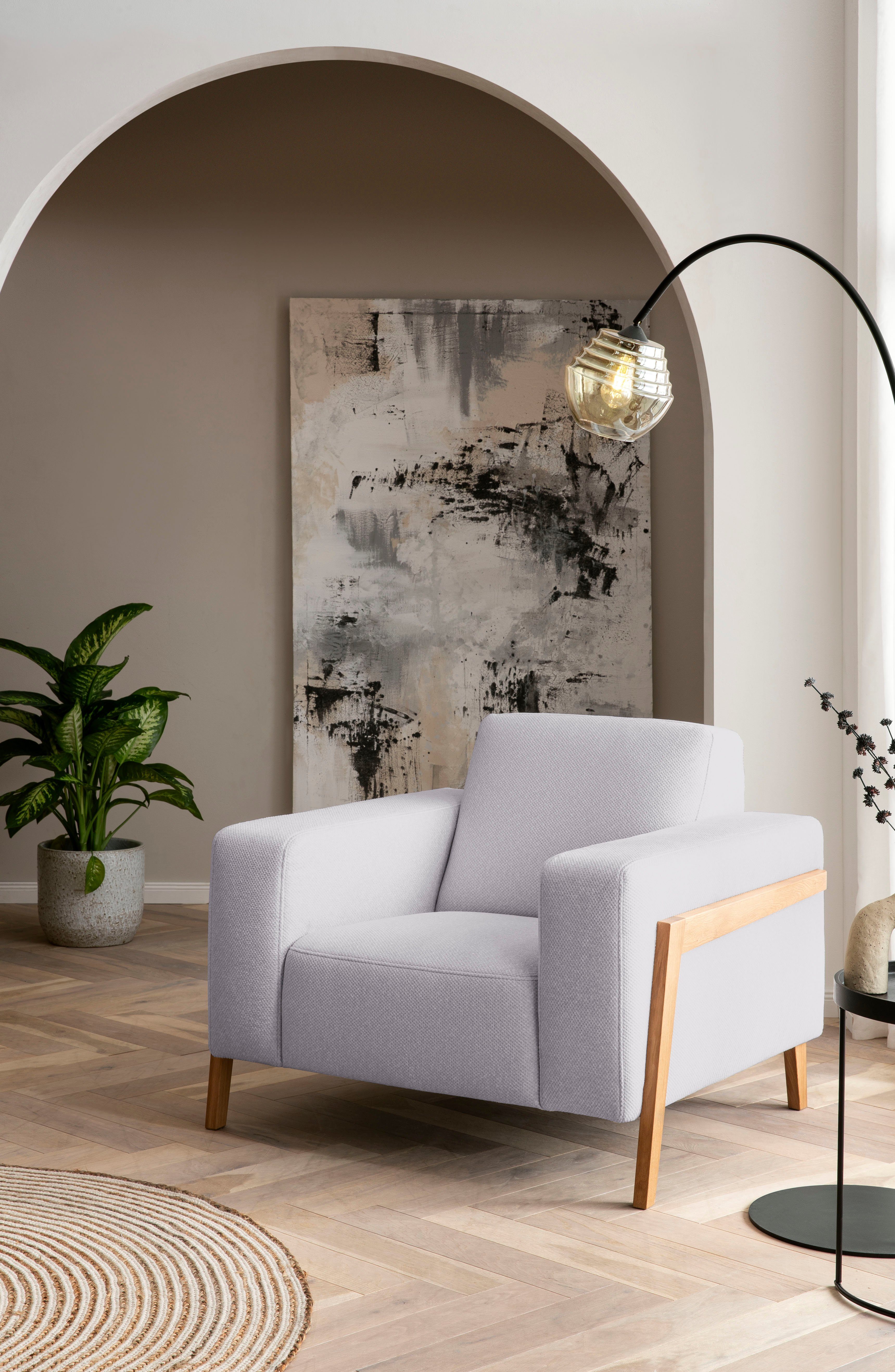 exxpo - sofa fashion Sessel Starr, Loungesessel, Scandic Design mit Sichtholz am Armteil, im Scandinavian Design, mit Massive Holzfüße, frei im Raum stellbar