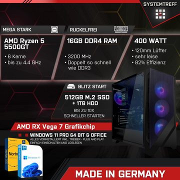 SYSTEMTREFF Basic Gaming-PC (AMD Ryzen 5 5500GT, RX Vega 7, 16 GB RAM, 1000 GB HDD, 512 GB SSD, Luftkühlung, Windows 11, WLAN)