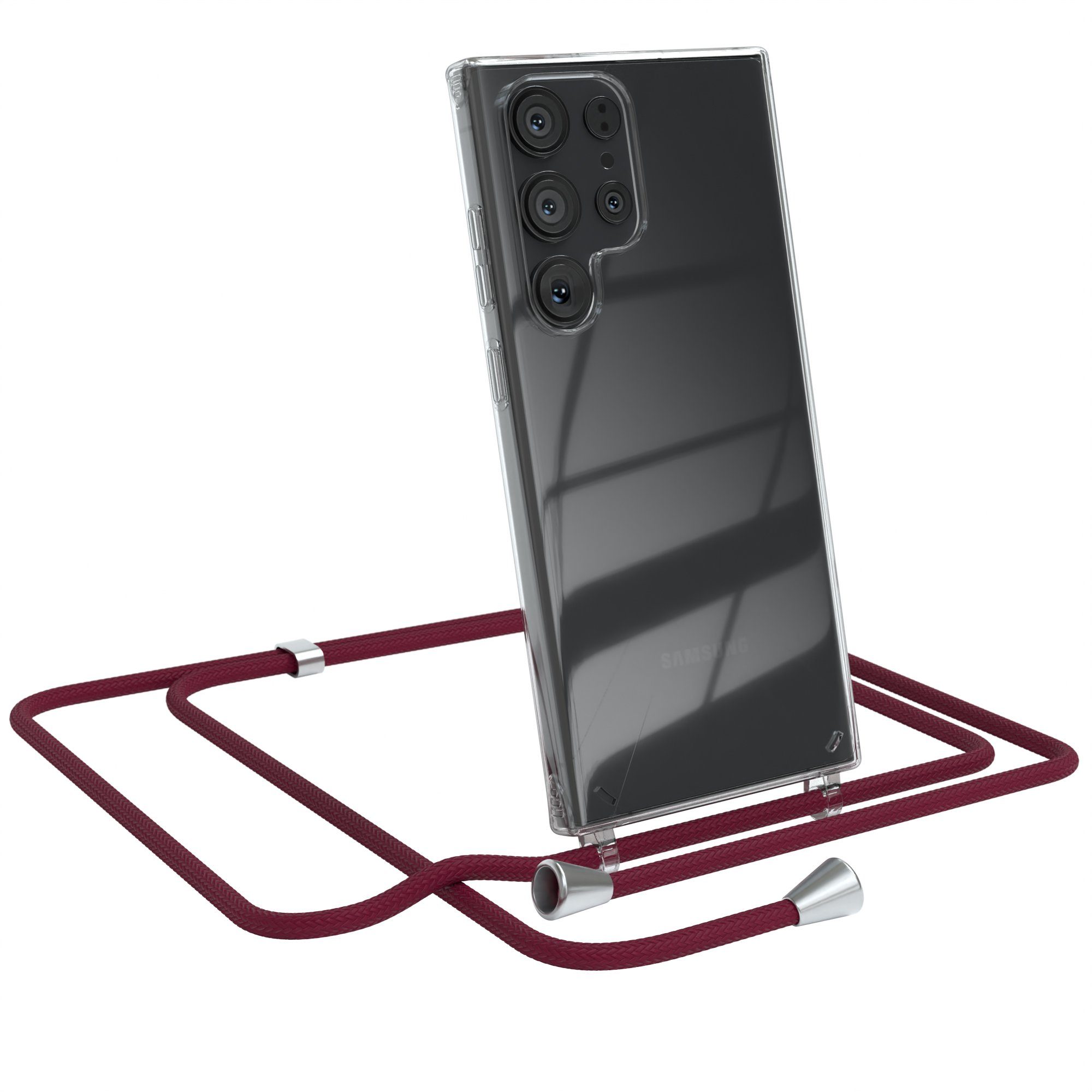 EAZY CASE Handykette Hülle mit Kette für Samsung Galaxy S23 Ultra 6,8 Zoll, Silikonhülle durchsichtig mit Umhängeband Handytasche Bordeaux Rot