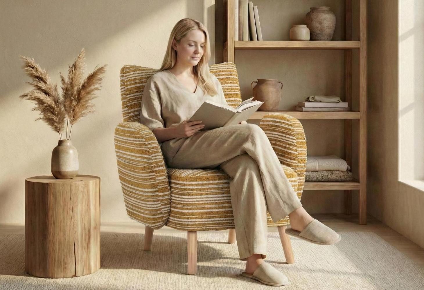 LVHOM Loungesessel Einzelsessel,Massivholzbeine,breite Sitzfläche,modernes Streifendesign (Ausgestattet mit Seitentaschen, robust und stabil, reich gepolstert, geschwungenes Design, 1-St., rutschfestes Design, Belastbarkeit 230kg), bequemer Lesesessel, geeignet für Wohnzimmer, Schlafzimmer und Büro