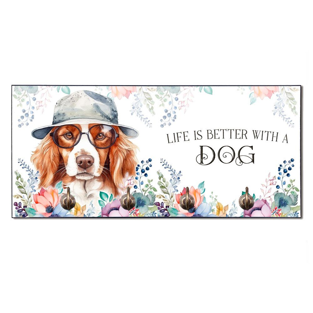Cadouri Wandgarderobe KOOIKERHONDJE Hundegarderobe - Wandboard für Hundezubehör (Garderobe mit 4 Haken), MDF, mit abgeschrägten Ecken, handgefertigt, für Hundebesitzer