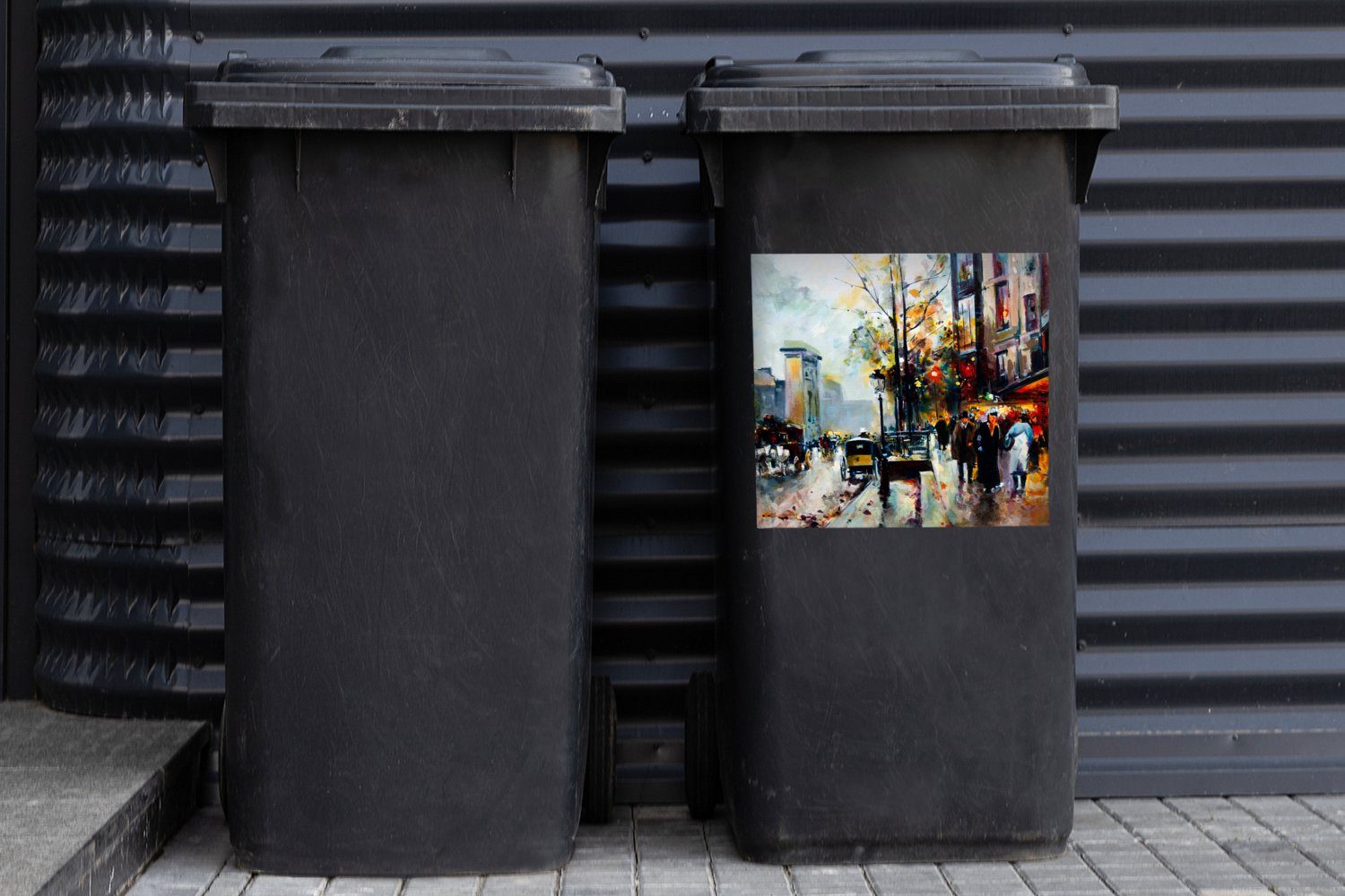 Container, Sticker, Mülltonne, Abfalbehälter MuchoWow Mülleimer-aufkleber, Öl - Stadt - (1 Wandsticker Gemälde St),